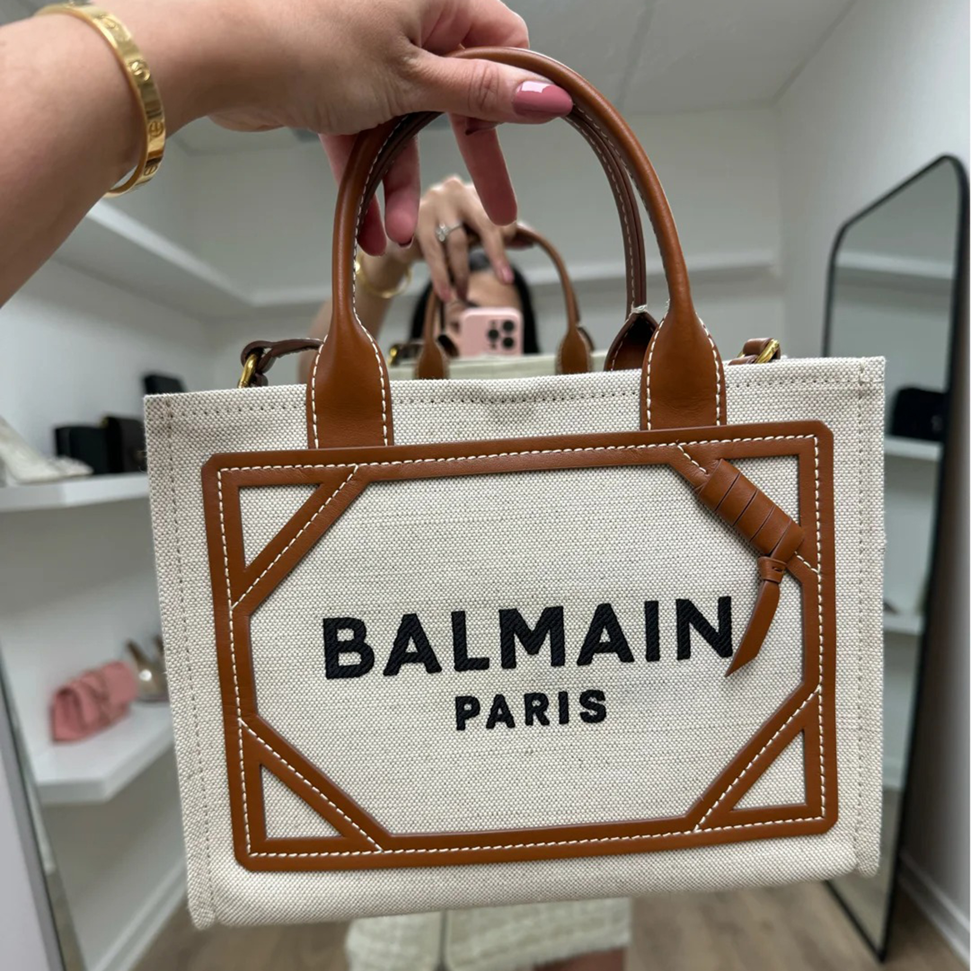 Balmain beige linen and cognac leather b-army tote