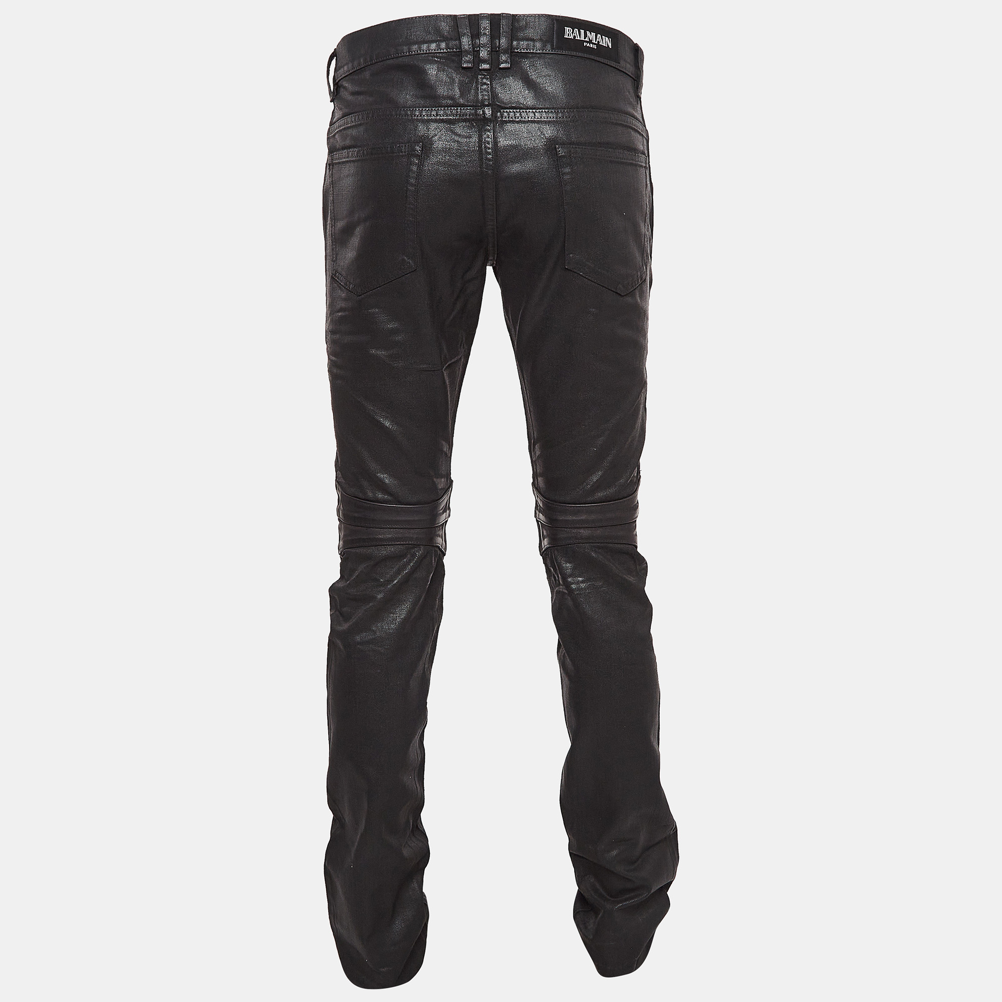 Balmain Black Waxed Leather Trim Denim Jeans M Waist 32