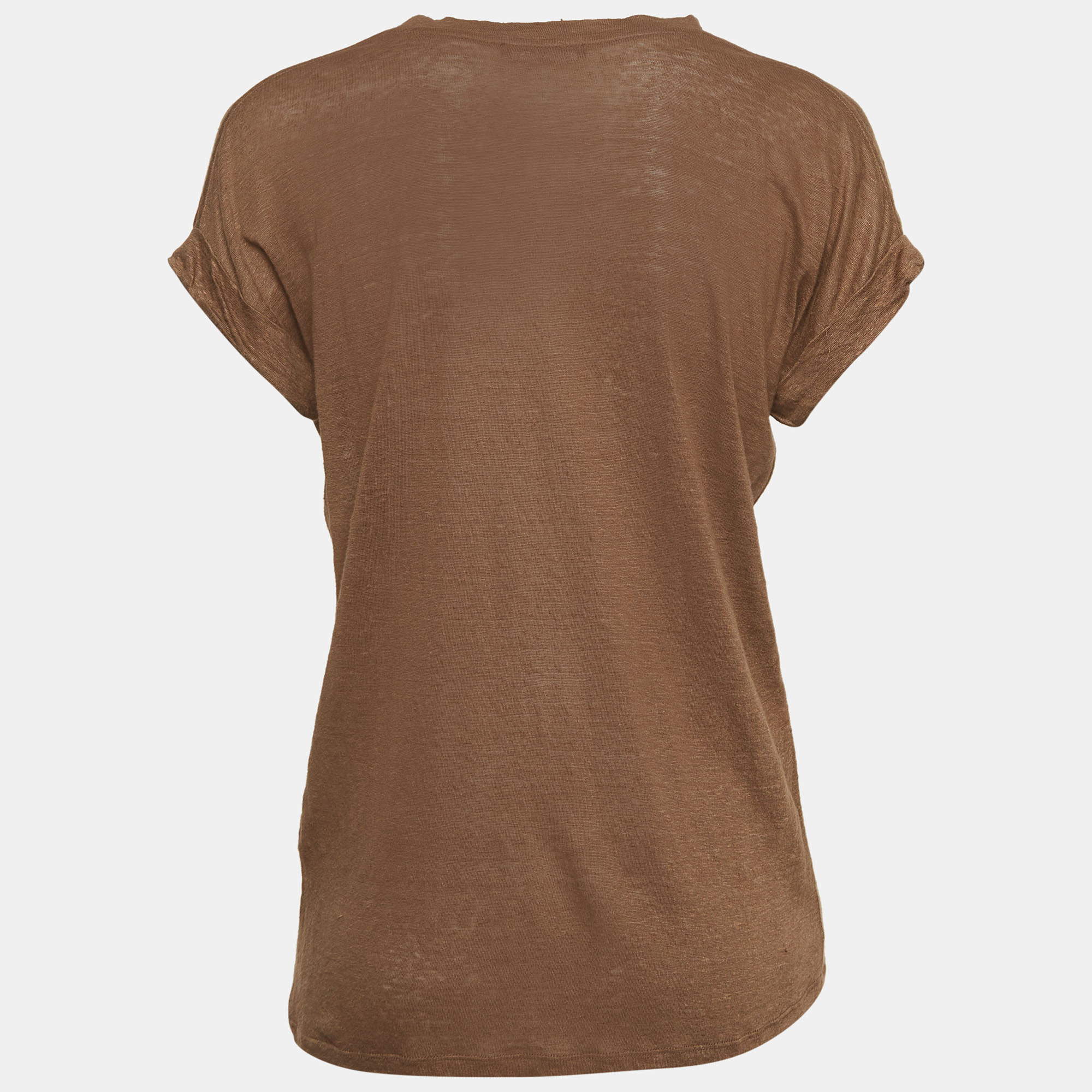 Balmain Brown Stretch Linen Jersey Rolled Sleeve T-Shirt S