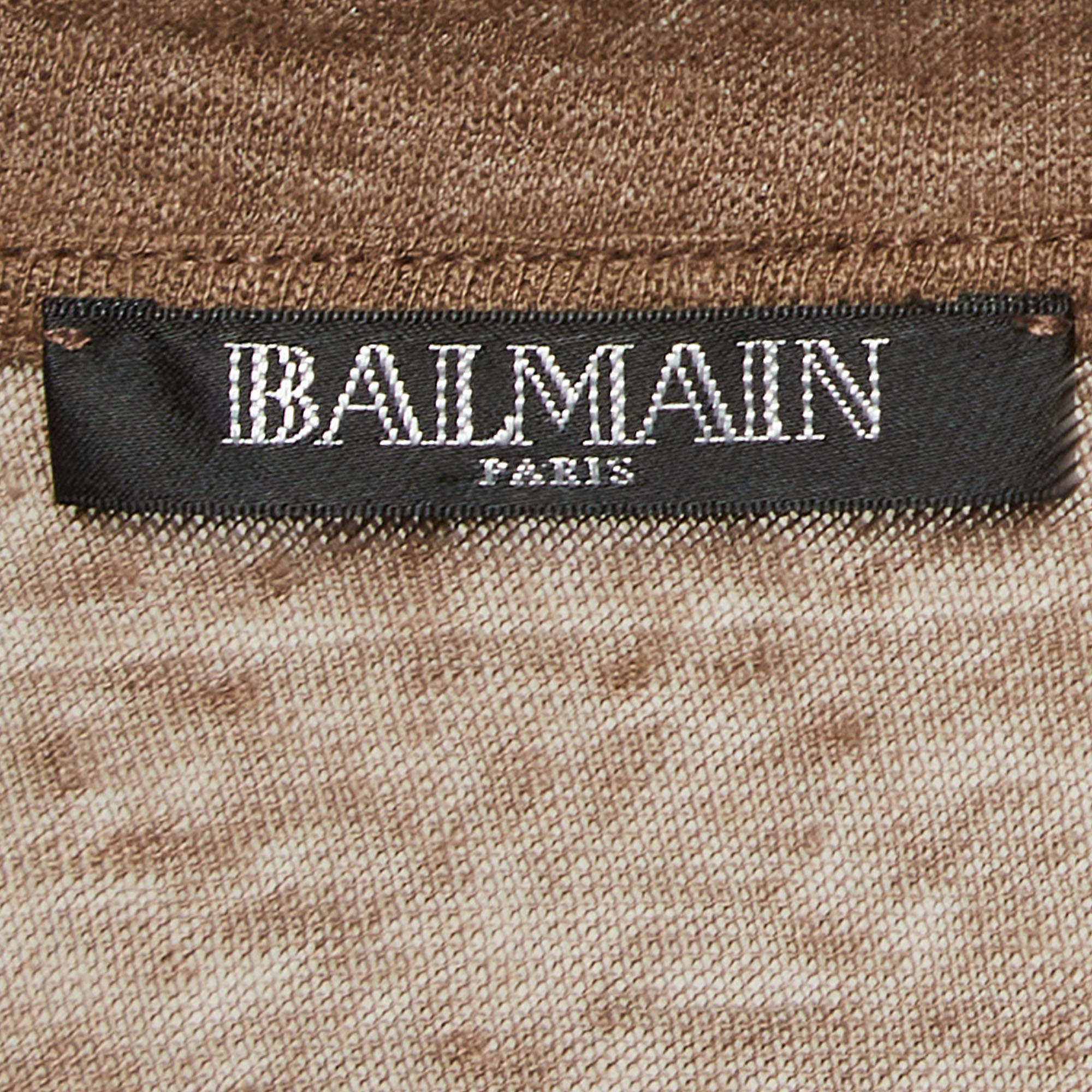 Balmain Brown Stretch Linen Jersey Rolled Sleeve T-Shirt S