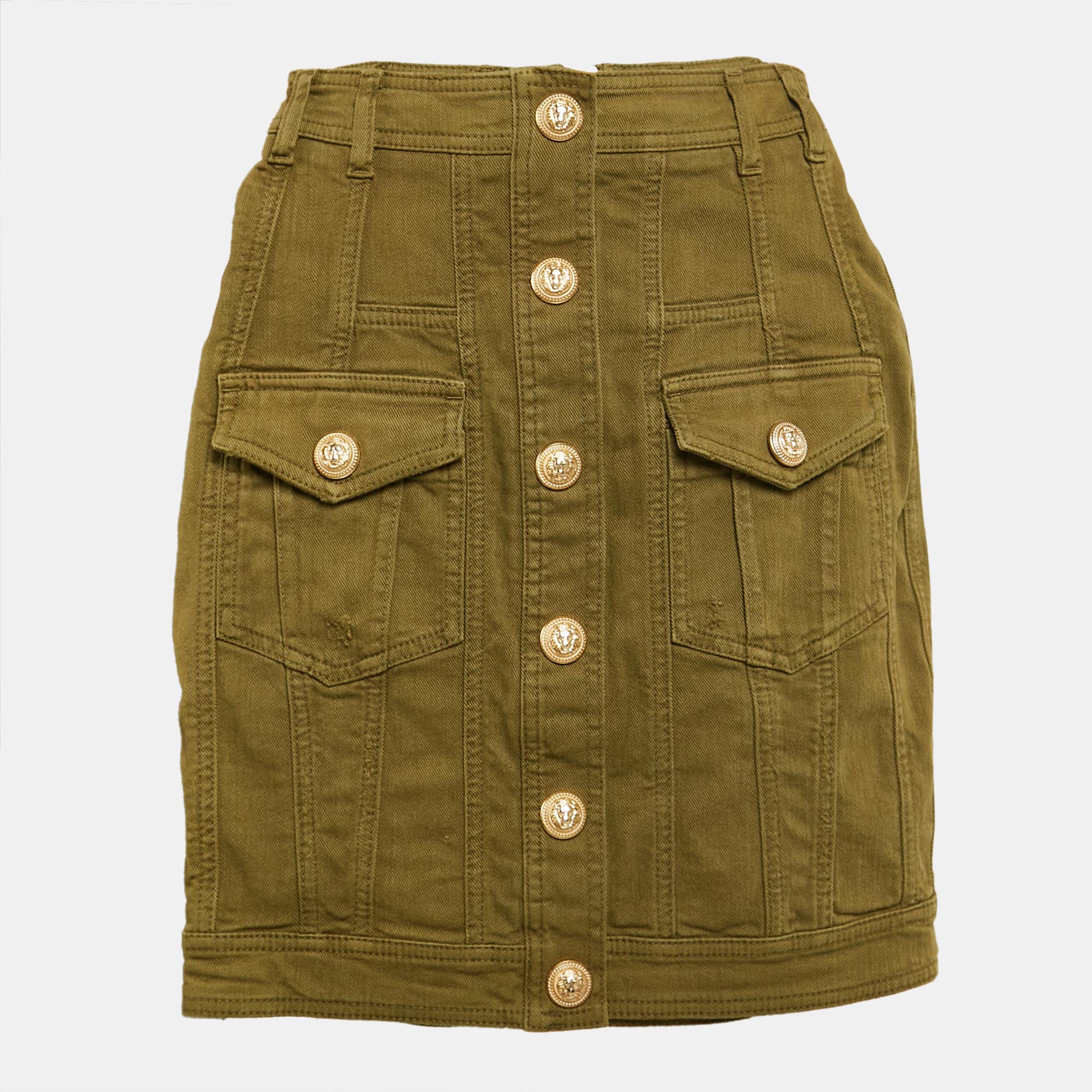Balmain Olive Green Distressed Denim Accents Mini Skirt S
