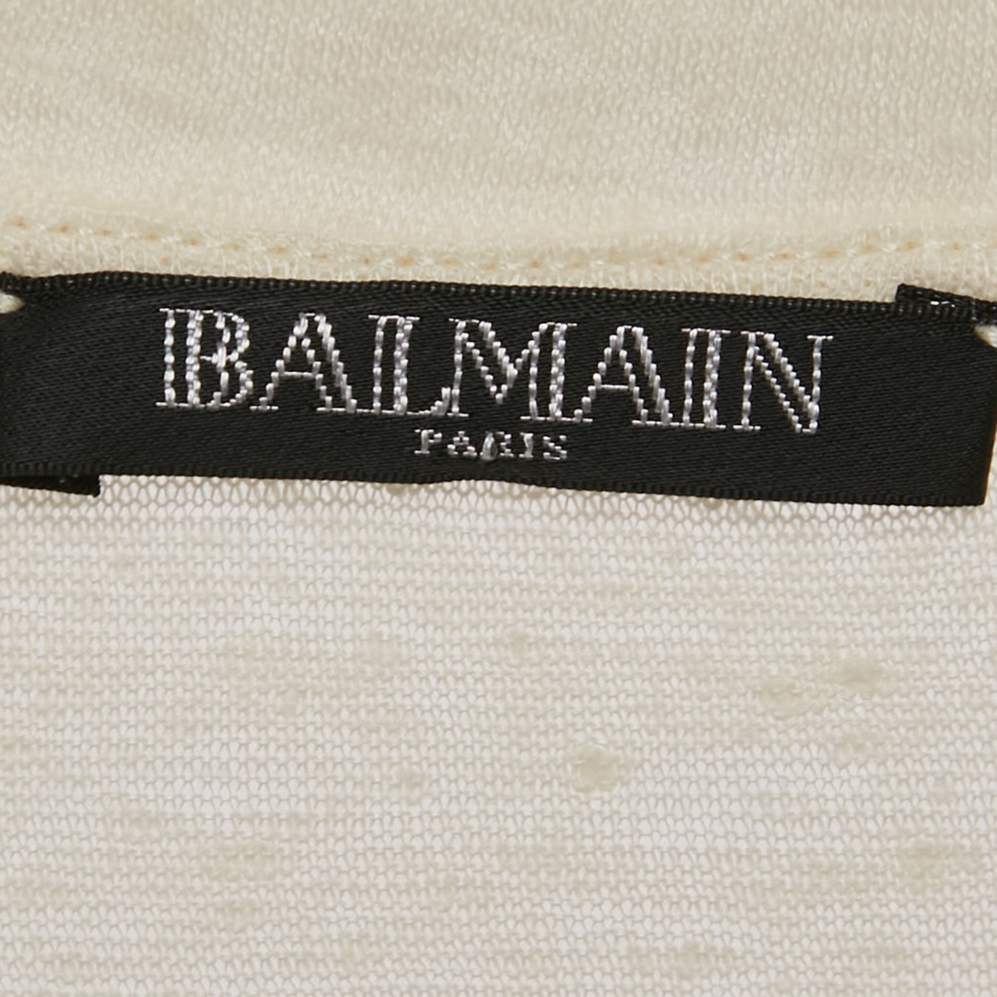 Balmain Cream Linen Knit Short Sleeve Top L