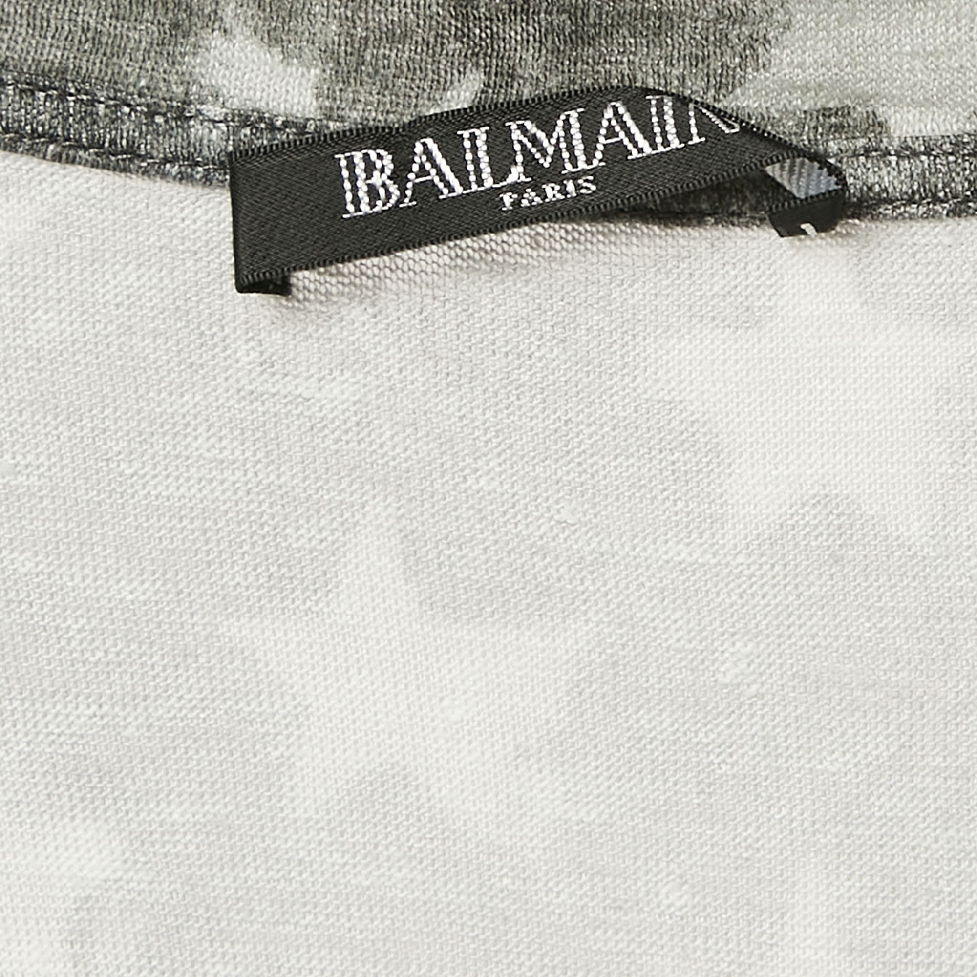 Balmain Grey Printed Linen Jersey V-Neck T-Shirt L