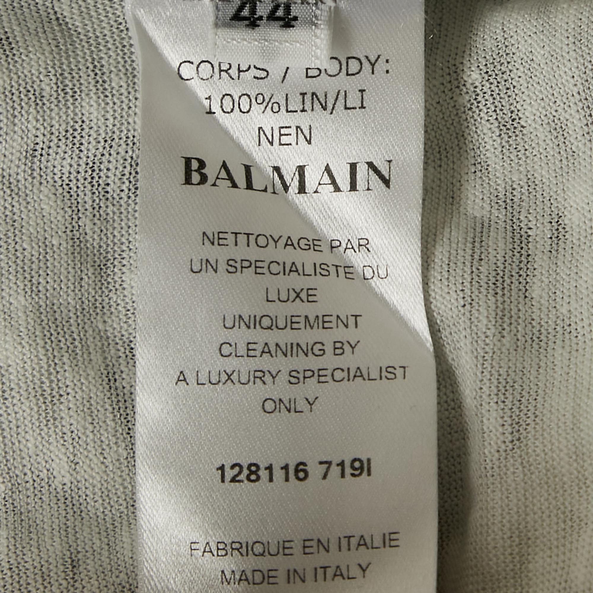 Balmain Grey Printed Linen Jersey V-Neck T-Shirt L