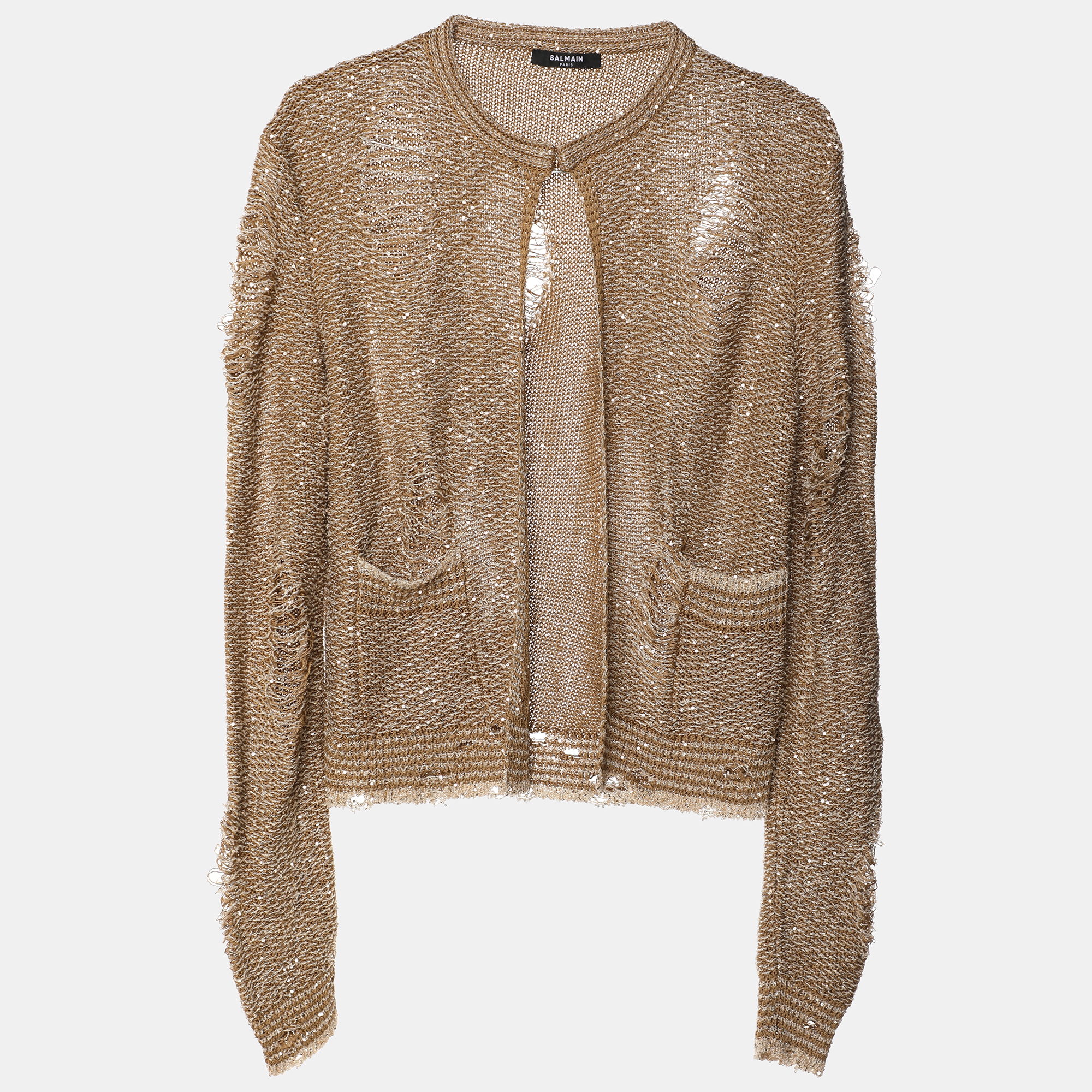 Balmain Brown Distressed Knitted Sequin Embellished Cardigan M