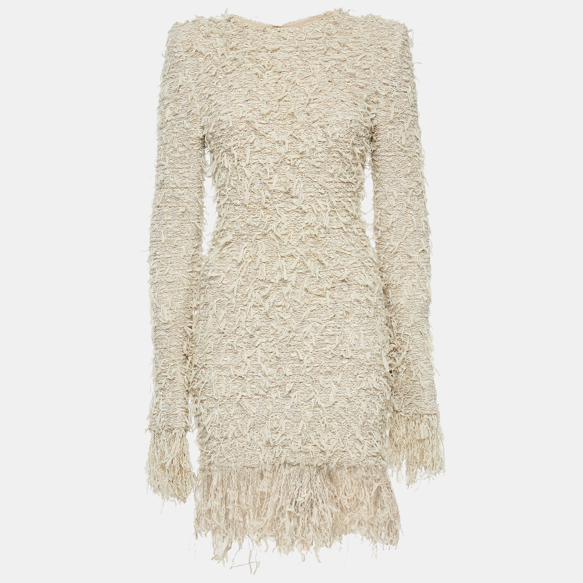 Balmain Beige Stretch Tweed Raw Edge Detail Mini Bodycon Dress M
Balmain Beige Stretch Tweed Raw Edge Detail Mini Bodycon Dress M