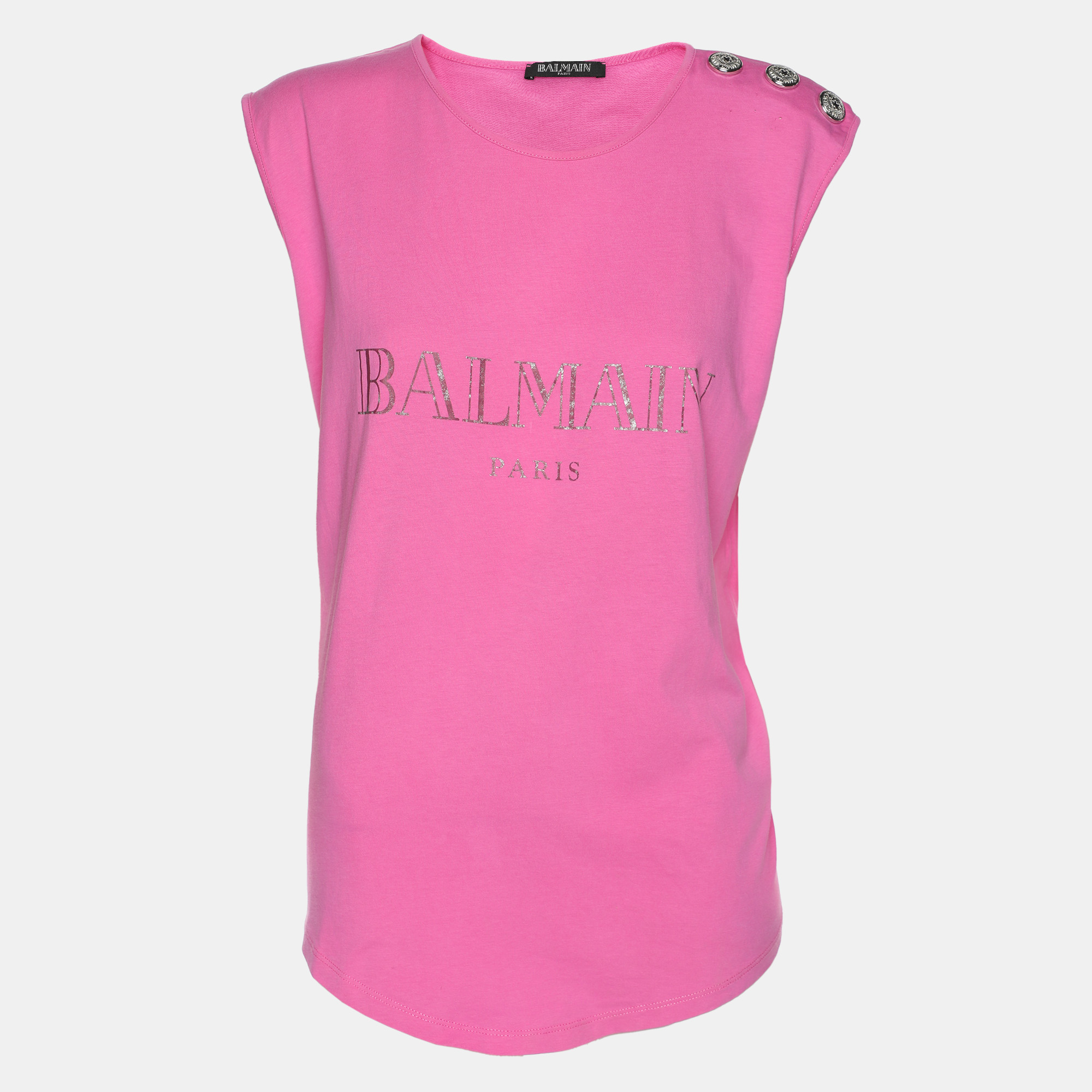 Balmain Pink Logo Print Cotton Knit Button Front Sleeveless Top M
Balmain Pink Logo Print Cotton Knit Button Front Sleeveless Top M