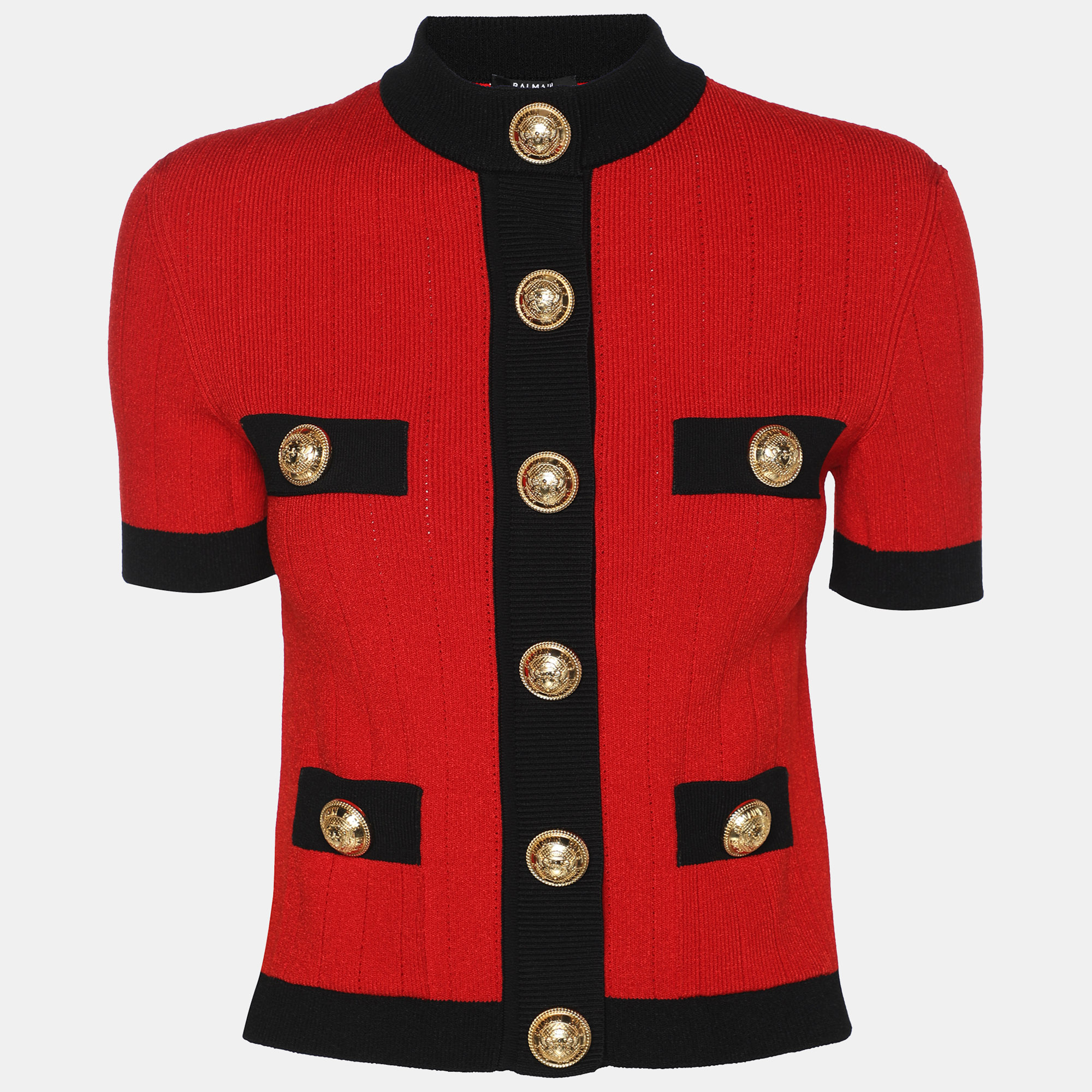 Balmain Red/Black Stretch Knit Short Sleeve Cropped Cardigan M
Balmain Red/Black Stretch Knit Short Sleeve Cropped Cardigan M