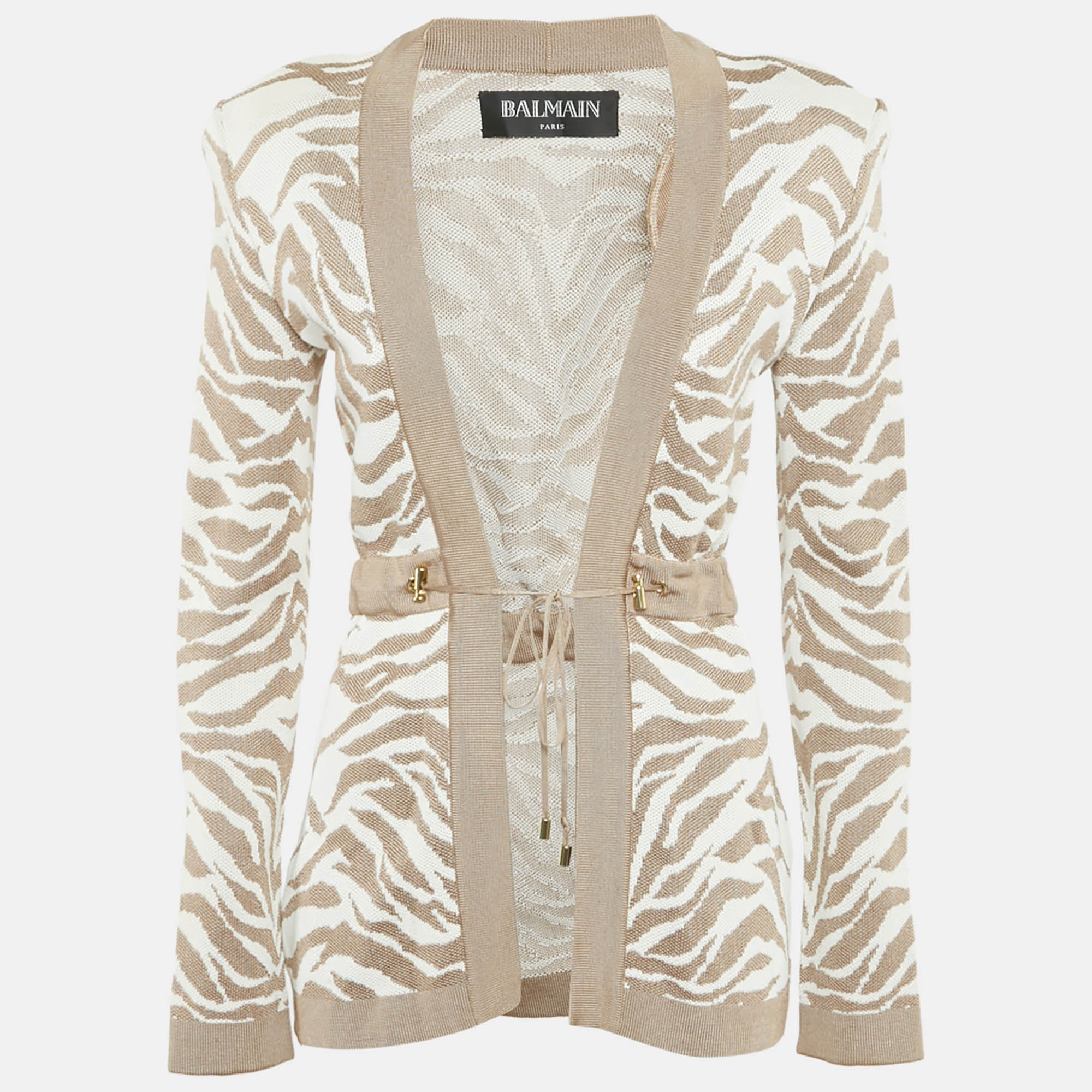 Balmain Beige/White Zebra Pattern Jacquard Knit Drawstring Detail Cardigan S, Brown
Balmain Beige/White Zebra Pattern Jacquard Knit Drawstring Detail Cardigan S, Brown