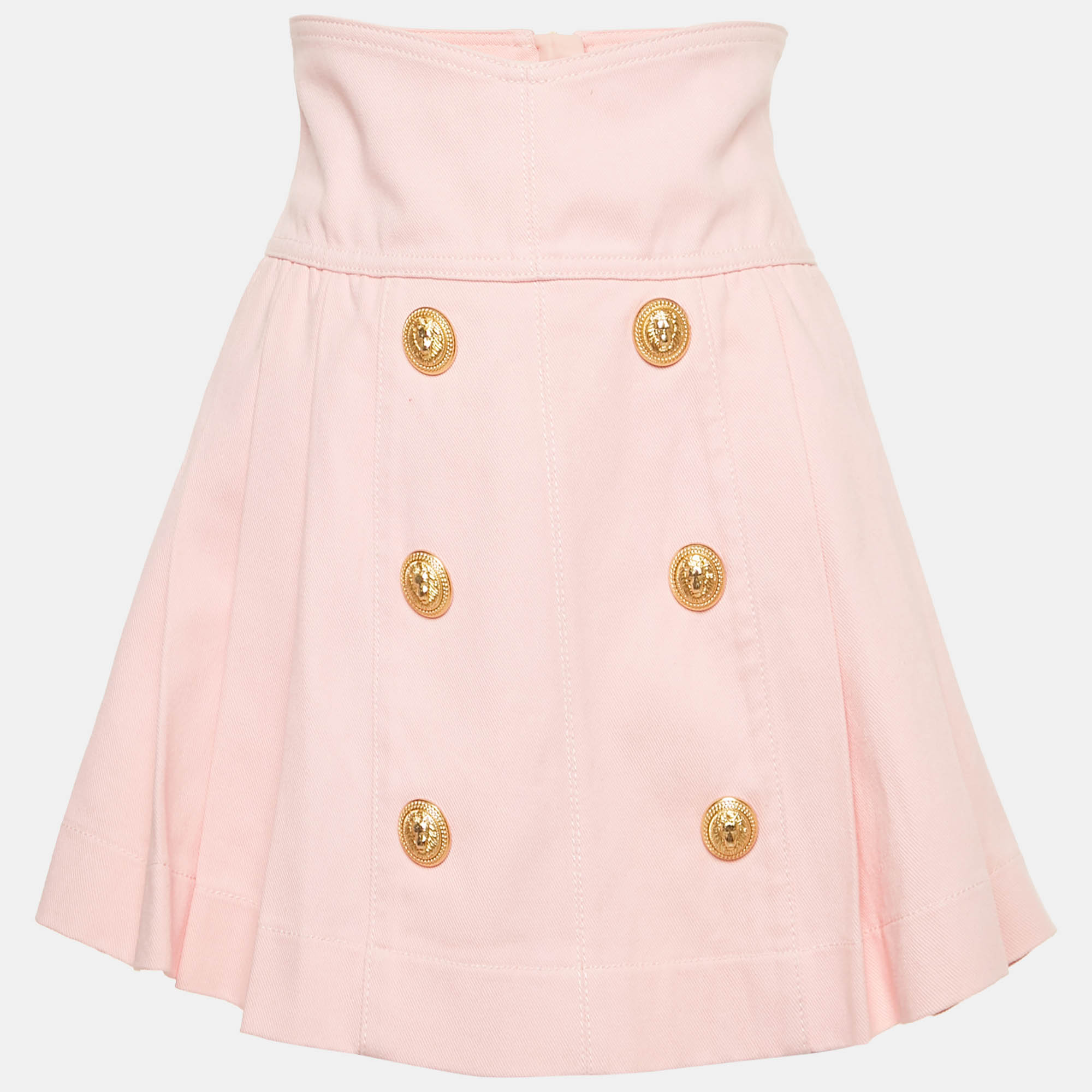 Balmain Pink Denim Applique Detail Pleated Mini Skirt S - Balmain - Modalova