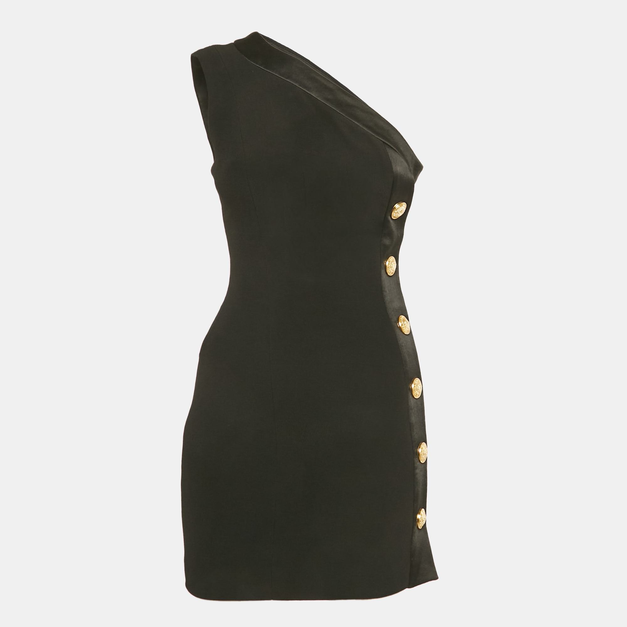 Balmain Black Crepe Button Detail One Shoulder Mini Dress S
Balmain Black Crepe Button Detail One Shoulder Mini Dress S