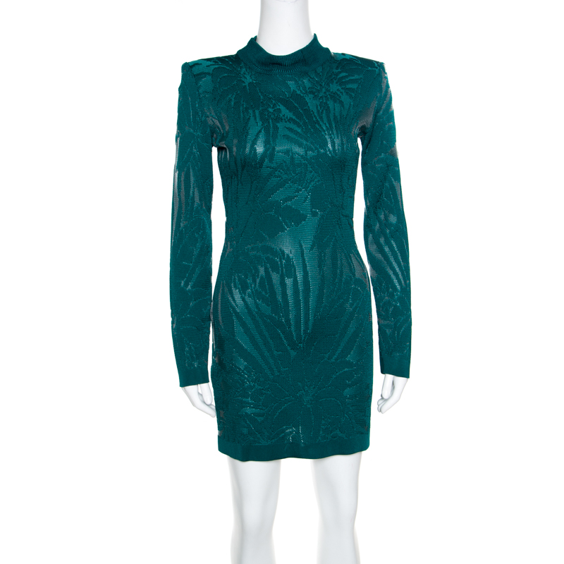 Image of Balmain Green Floral Jacquard Knit High Neck Power Shoulder Mini Dress M