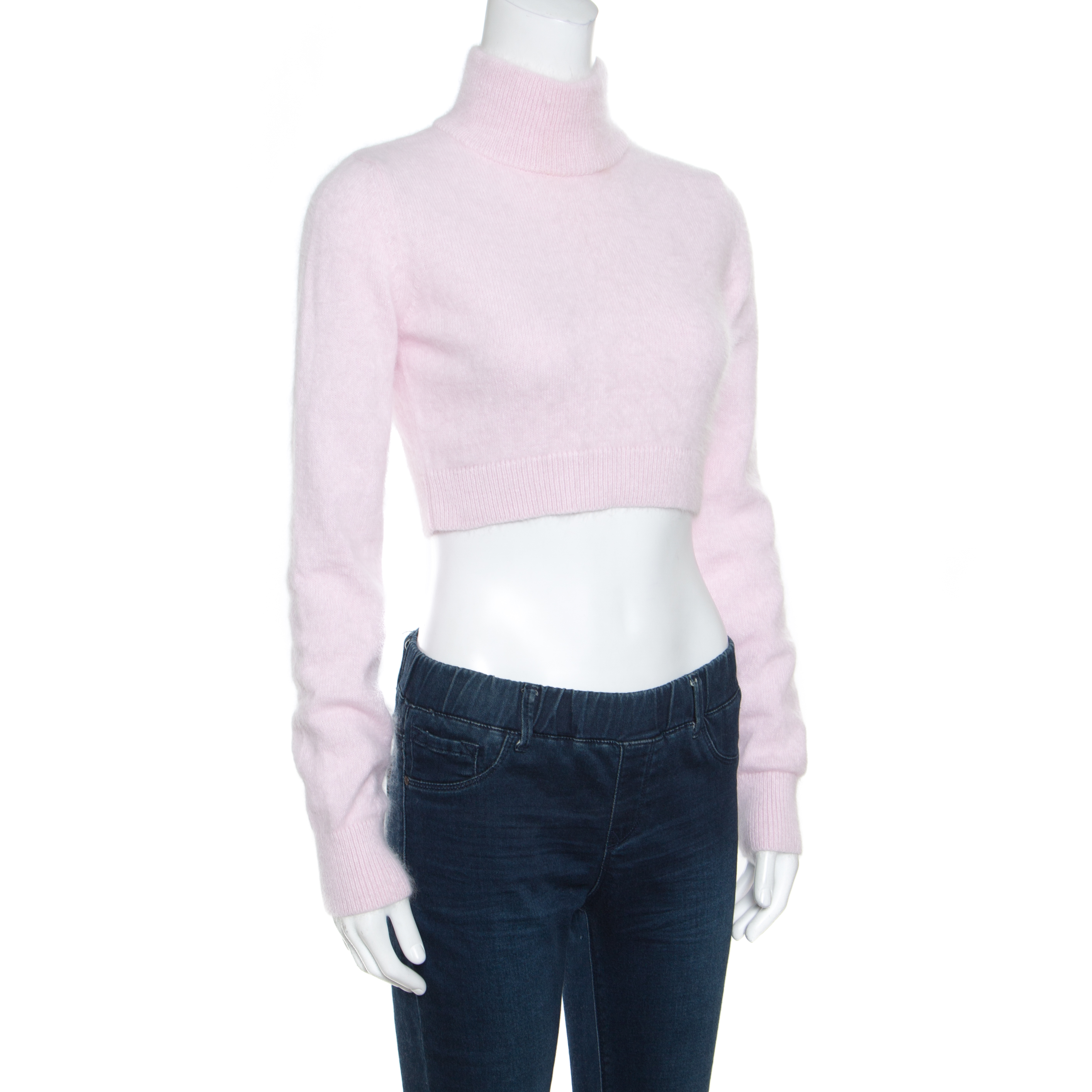 Balmain Pale Pink Wool Cropped High Neck Sweater S