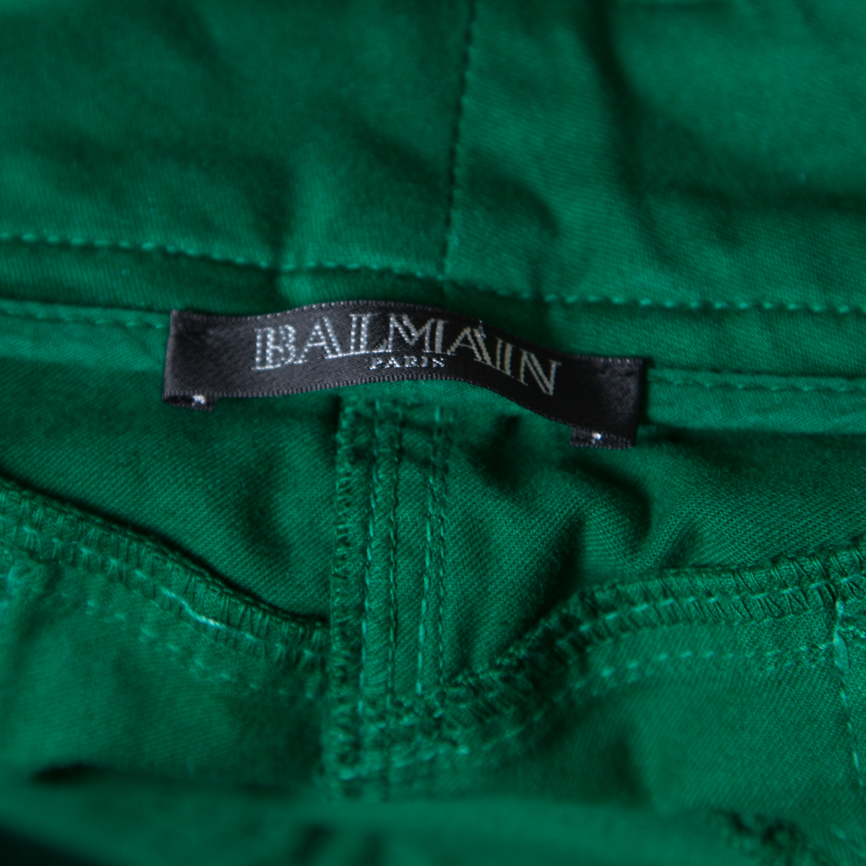 Balmain Green Denim Ribbed Panel Zip Detail Skinny Biker Jeans S