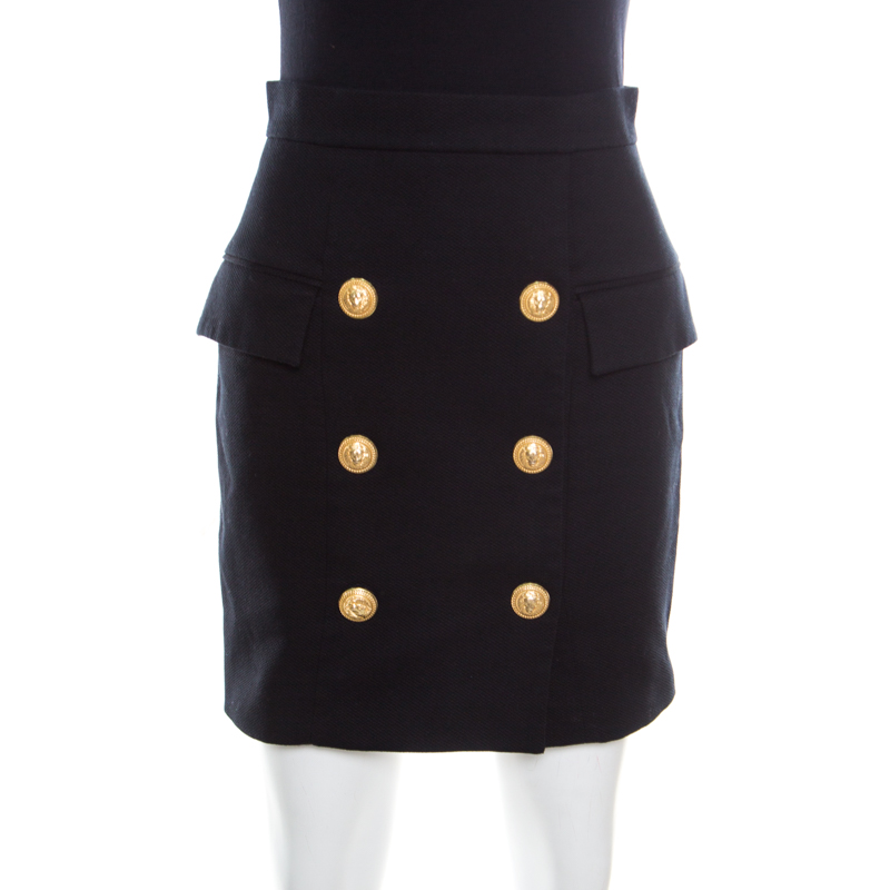 Image of Balmain Black Textured Cotton Gold Button Detail High Waist Mini Skirt S