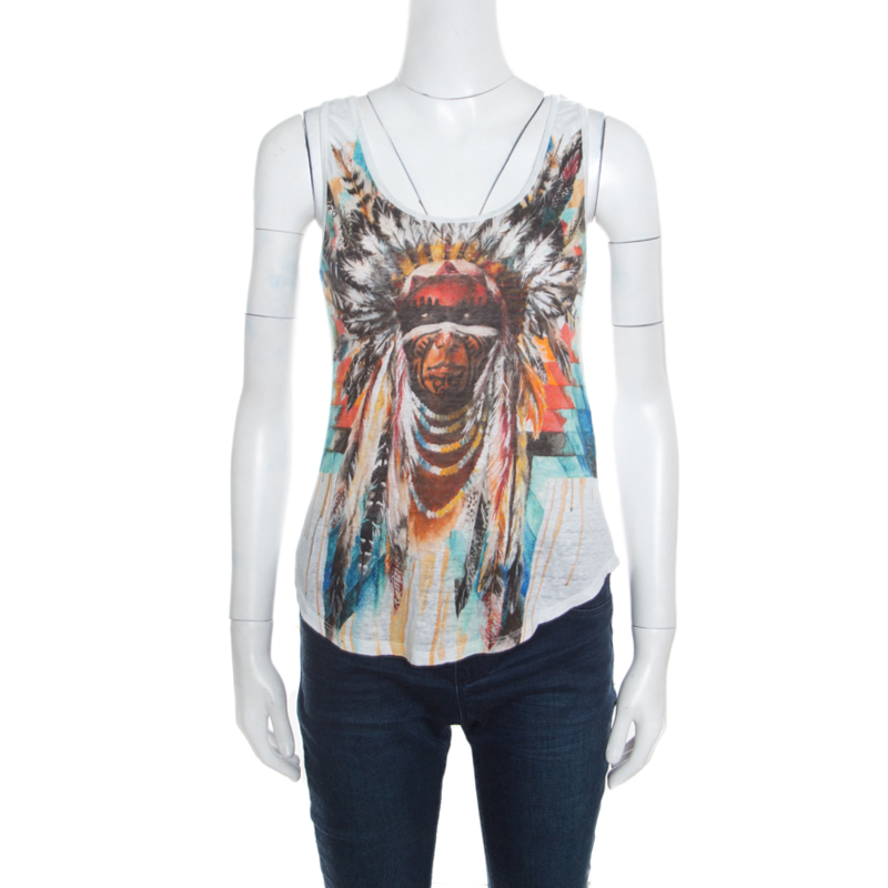 Image of Balmain White Linen Jersey Red Indian Print Sleeveless Tank Top M