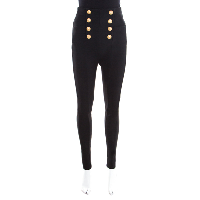 Image of Balmain Black Knit Logo Button Detail High Waist Trousers M