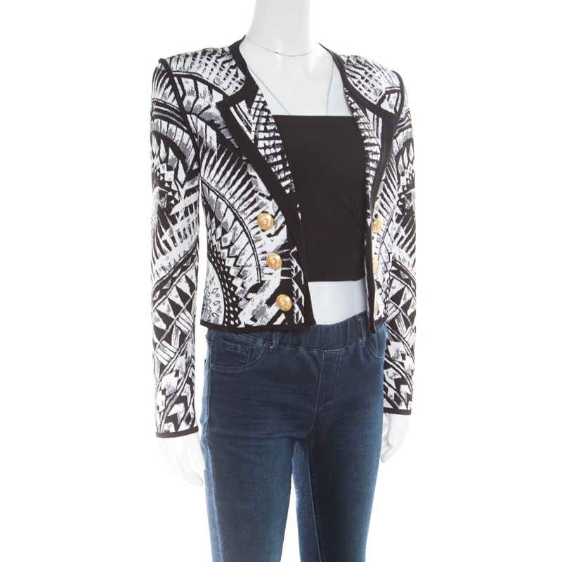 

Balmain Monochrome Folkloric Patterned Jacquard Open Front Cropped Blazer, Black