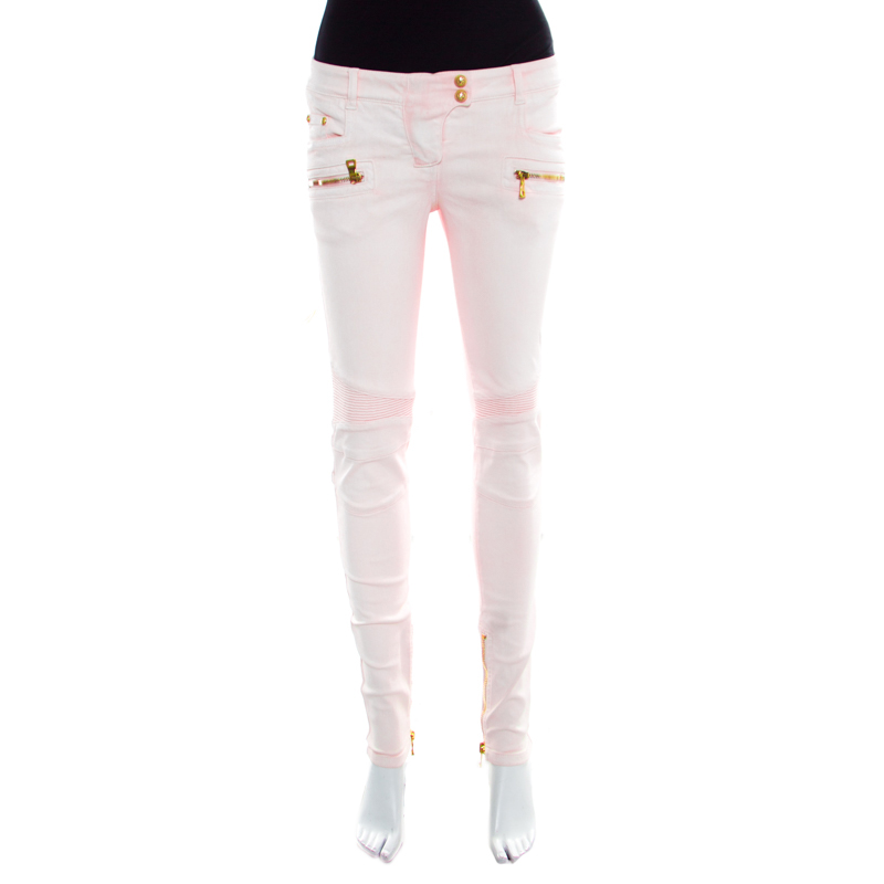 Image of Balmain Pink Coated Ribbed Panel Zip Detail Skinny Biker Jeans S