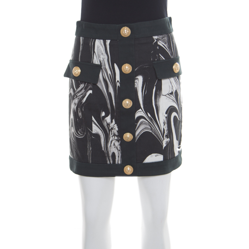 Image of Balmain Monochrome Marble Printed Logo Button Detail Mini Skirt S