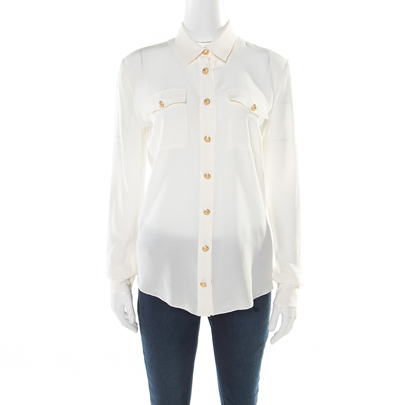 Image of Balmain Cream Silk Gold Tone Button Detail Long Sleeve Shirt M