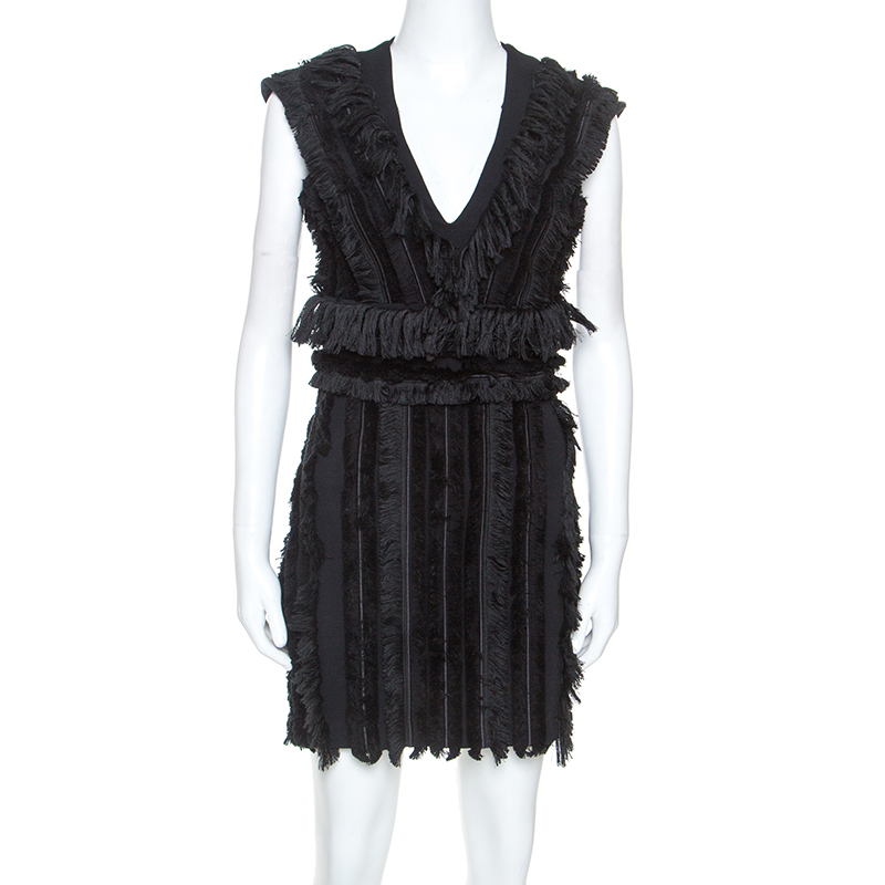 Balmain Black Cotton Fringe Detail Mini Dress M