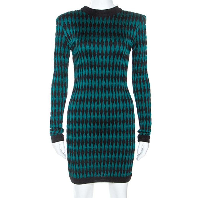 Image of Balmain Bicolor Knit Long Sleeve Intarsia Mini Dress S