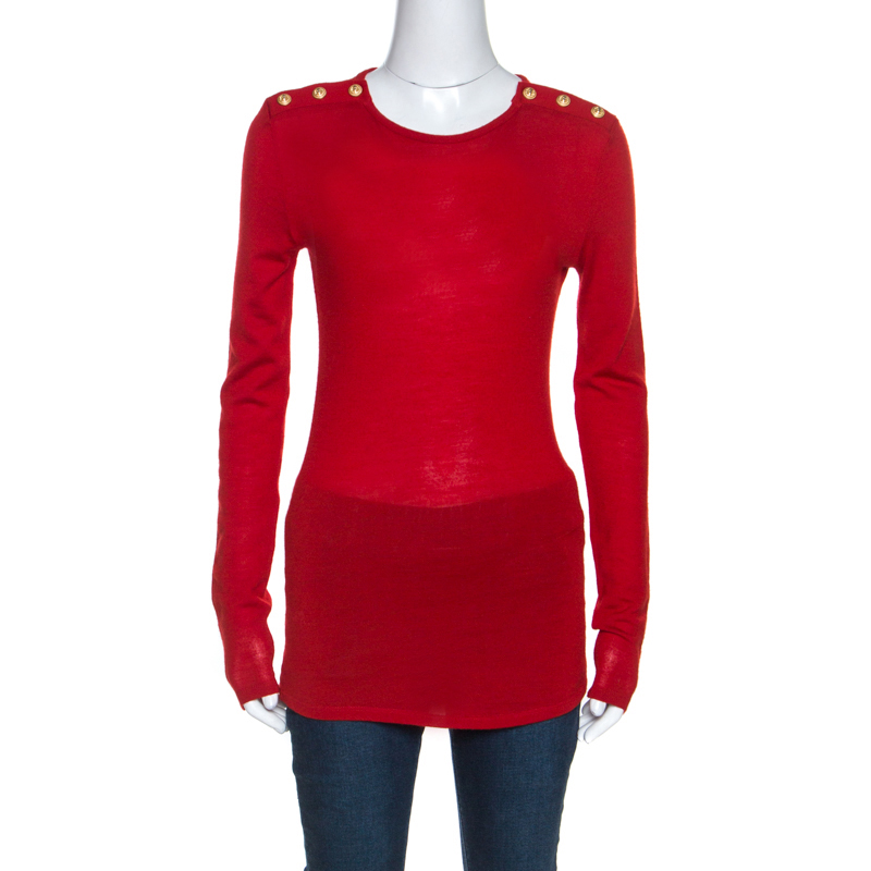 Image of Balmain Red Wool Knit Button Detail Long Sleeve Top M