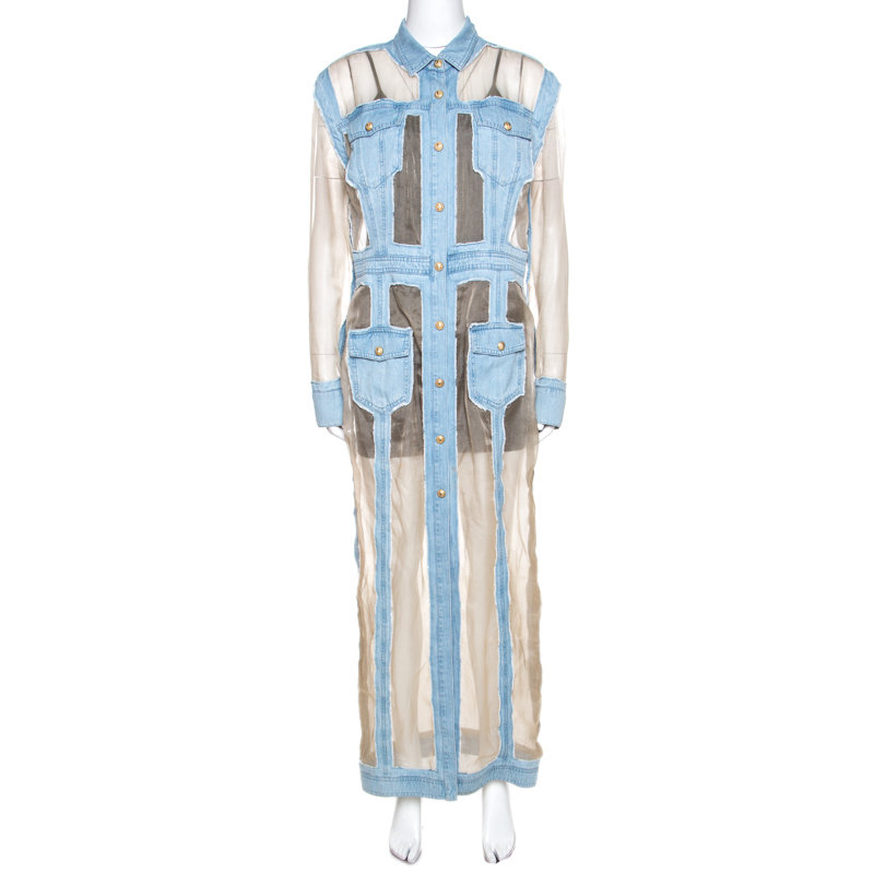 Balmain bicolor sheer silk panelled denim trim shirt dress l