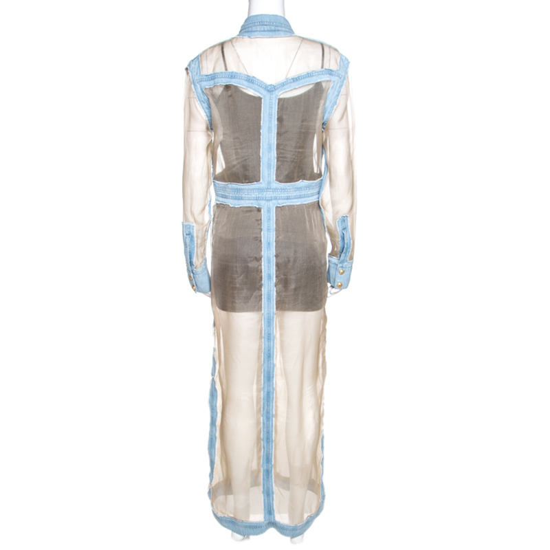 Balmain Bicolor Sheer Silk Panelled Denim Trim Shirt Dress L