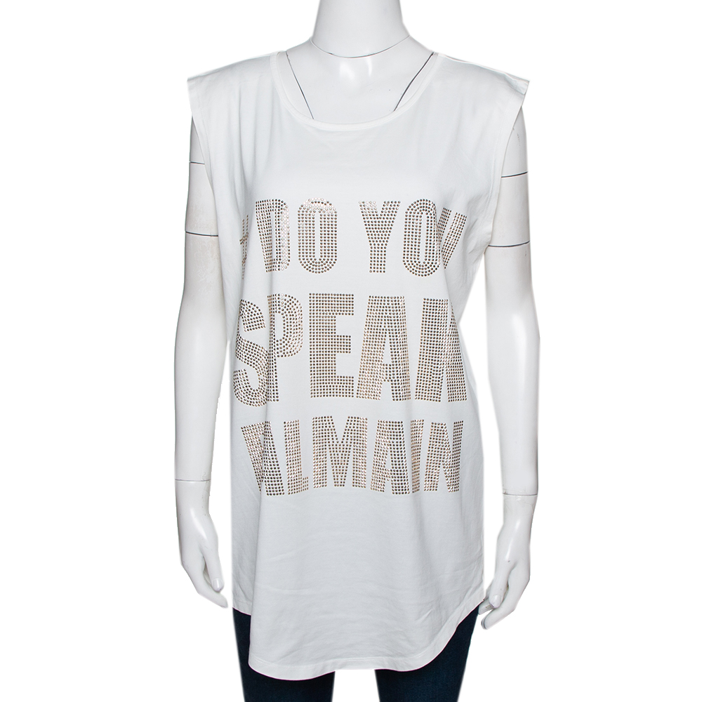 Image of Balmain Off White Cotton 'Do You Speak Balmain' Embellished Sleeveless Top S