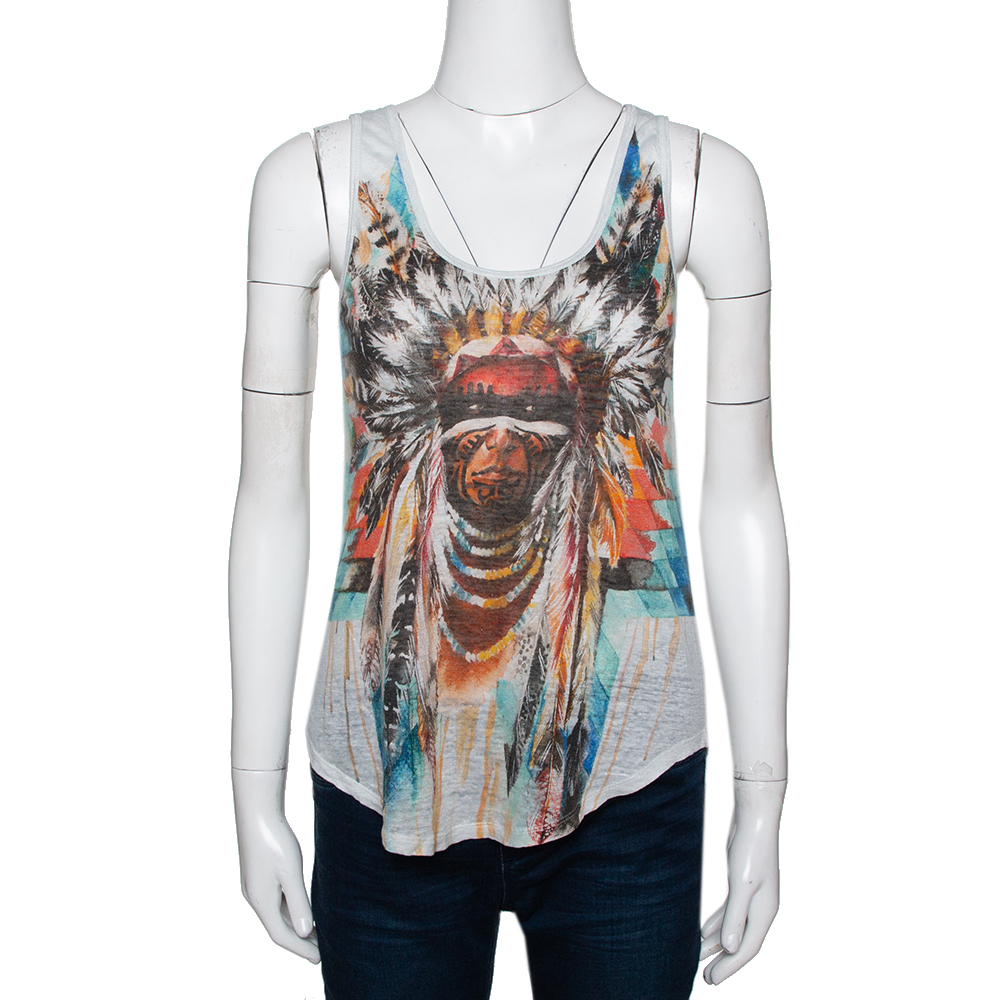 Balmain Pale Grey Linen Jersey Red Indian Print Sleeveless Tank Top S