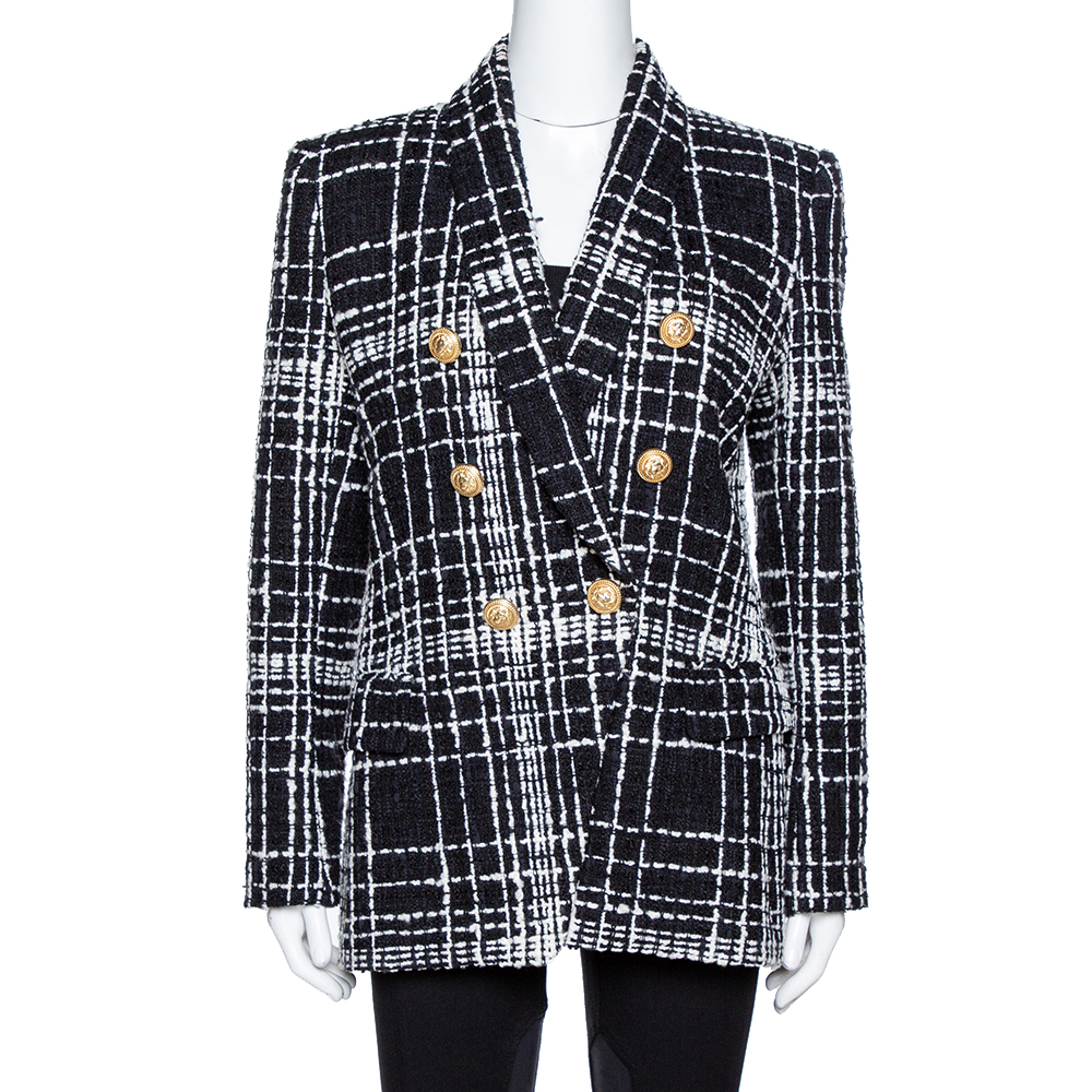 Image of Balmain Monochrome Tweed Double Breasted Blazer M