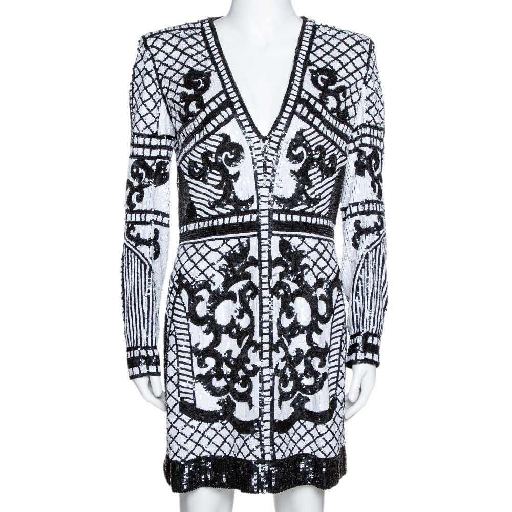 Image of Balmain Monochrome Baroque Sequin Embellished Mini Dress M