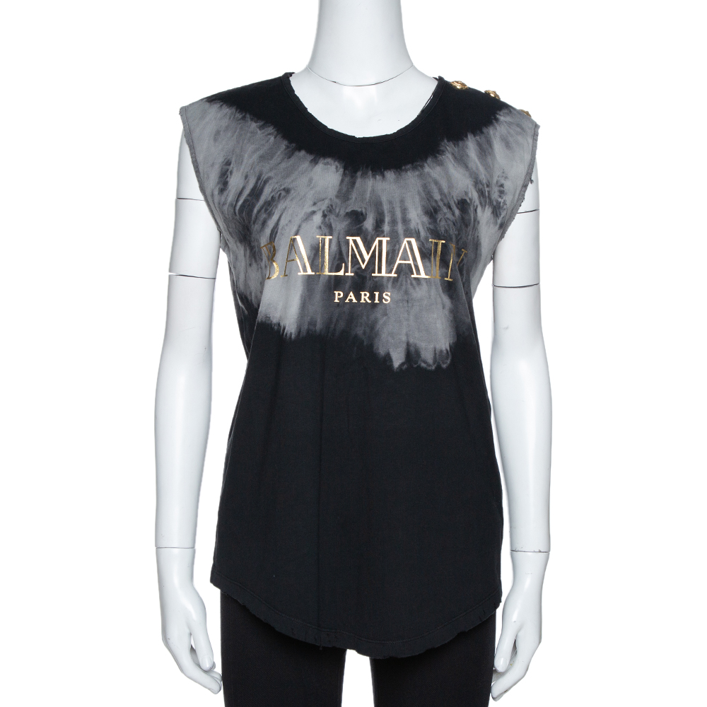 Image of Balmain Grey Tie Dye Cotton Logo Print Sleeveless T Shirt M