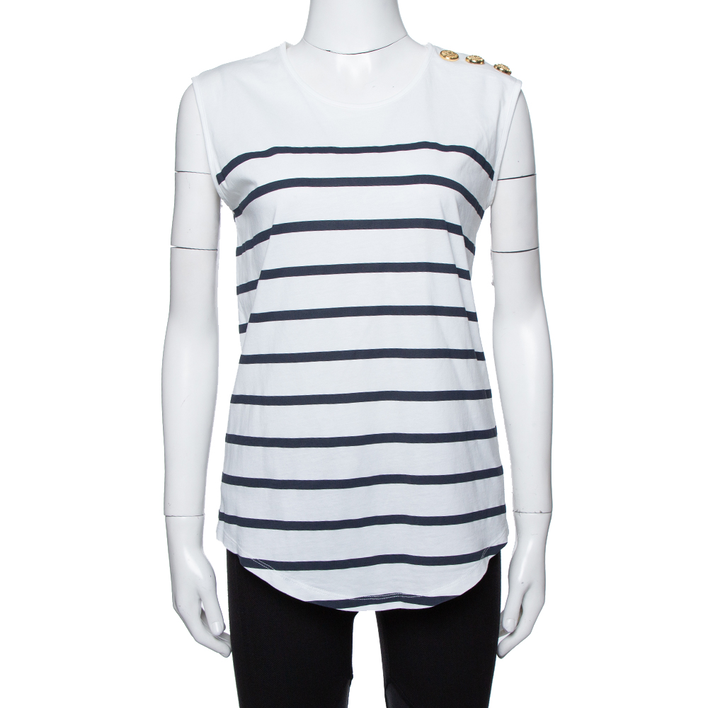 Image of Balmain x Net-A-Porter White & Blue Striped Cotton Jersey Top S