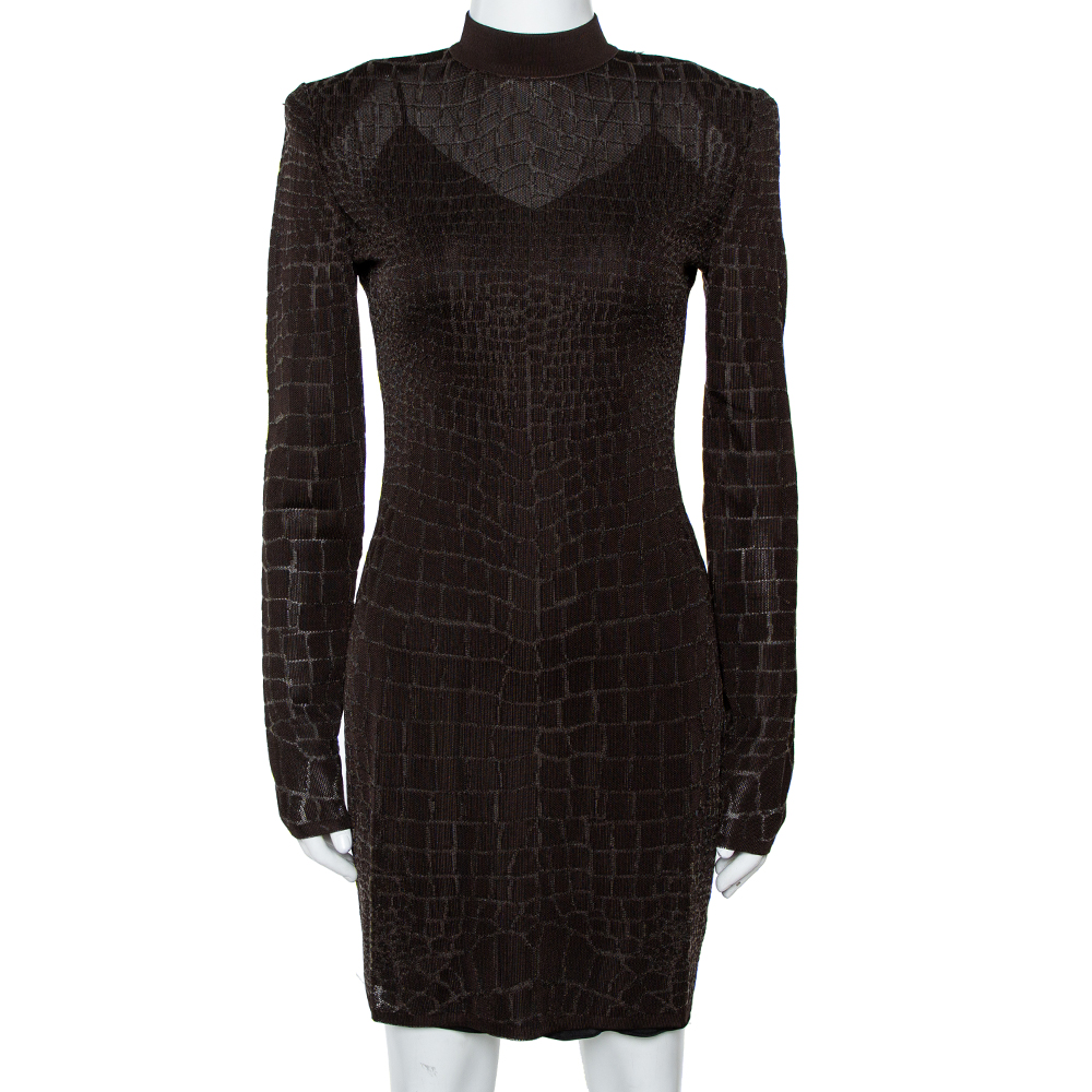 Image of Balmain Brown Crocodile Effect Knit Fitted Mini Dress S