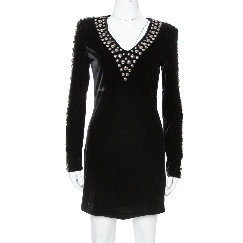 Image of Balmain Black Velvet Studded Mini Dress M