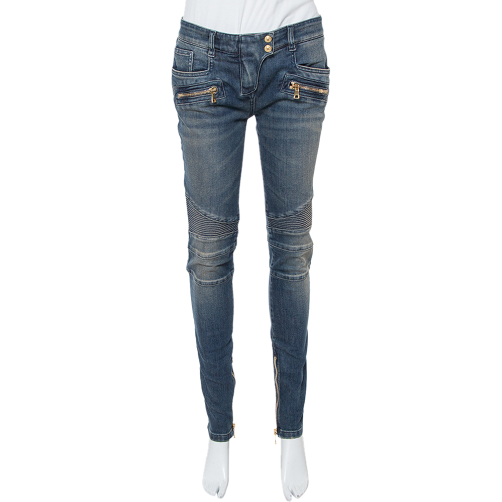 Image of Balmain Dark Blue Denim Ribbed Biker Jeans M