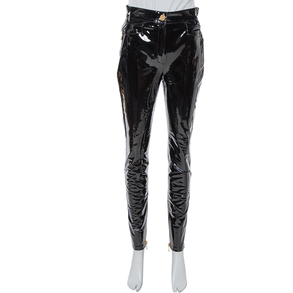 Image of Balmain Black Vinyl High Waist Skinny Trousers M