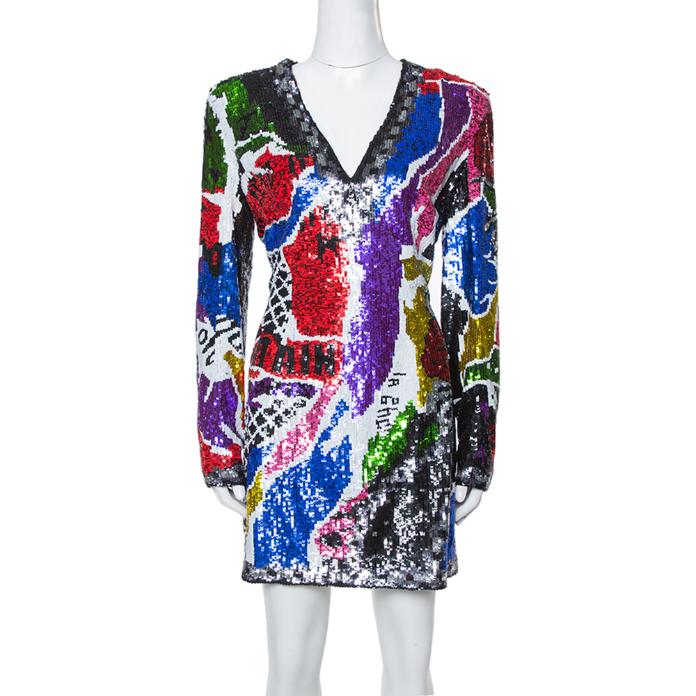 Image of Balmain Multicolor Abstract Sequin Embellished Fitted Mini Dress L