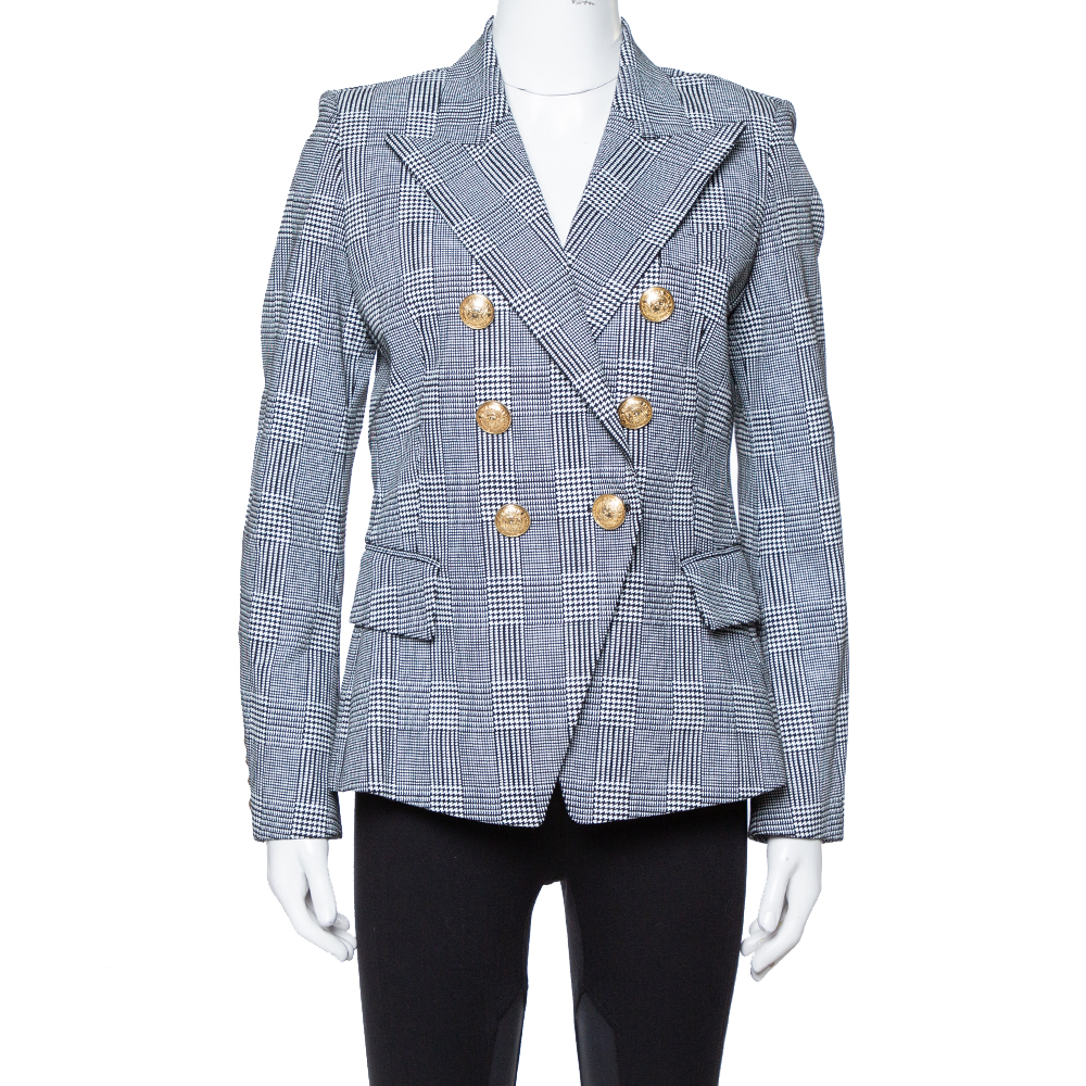 Image of Balmain Monochrome Checked Prince Of Wales Double Breasted Blazer M