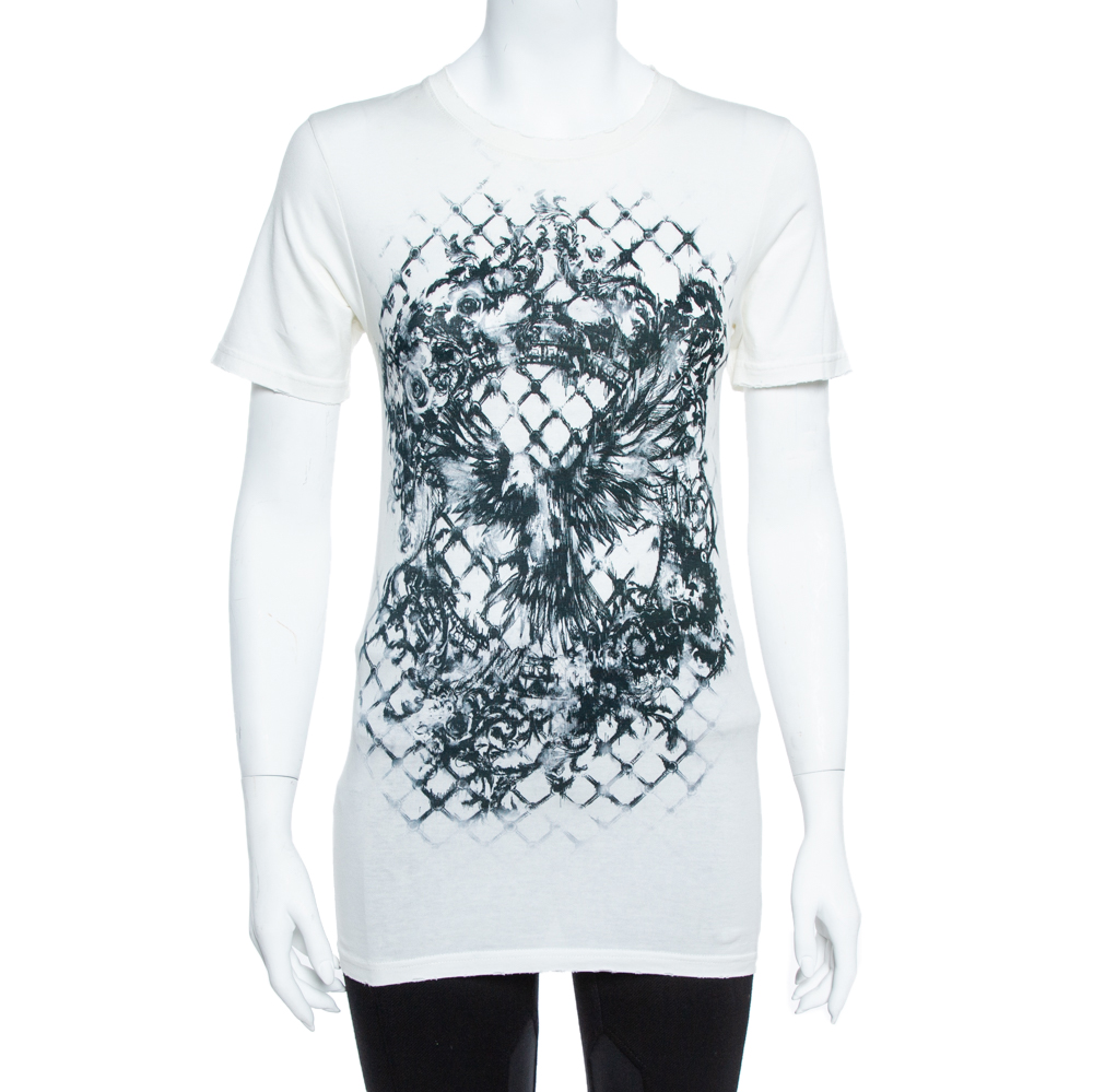 Image of Balmain Cream White Cotton Abstract Print T-Shirt M