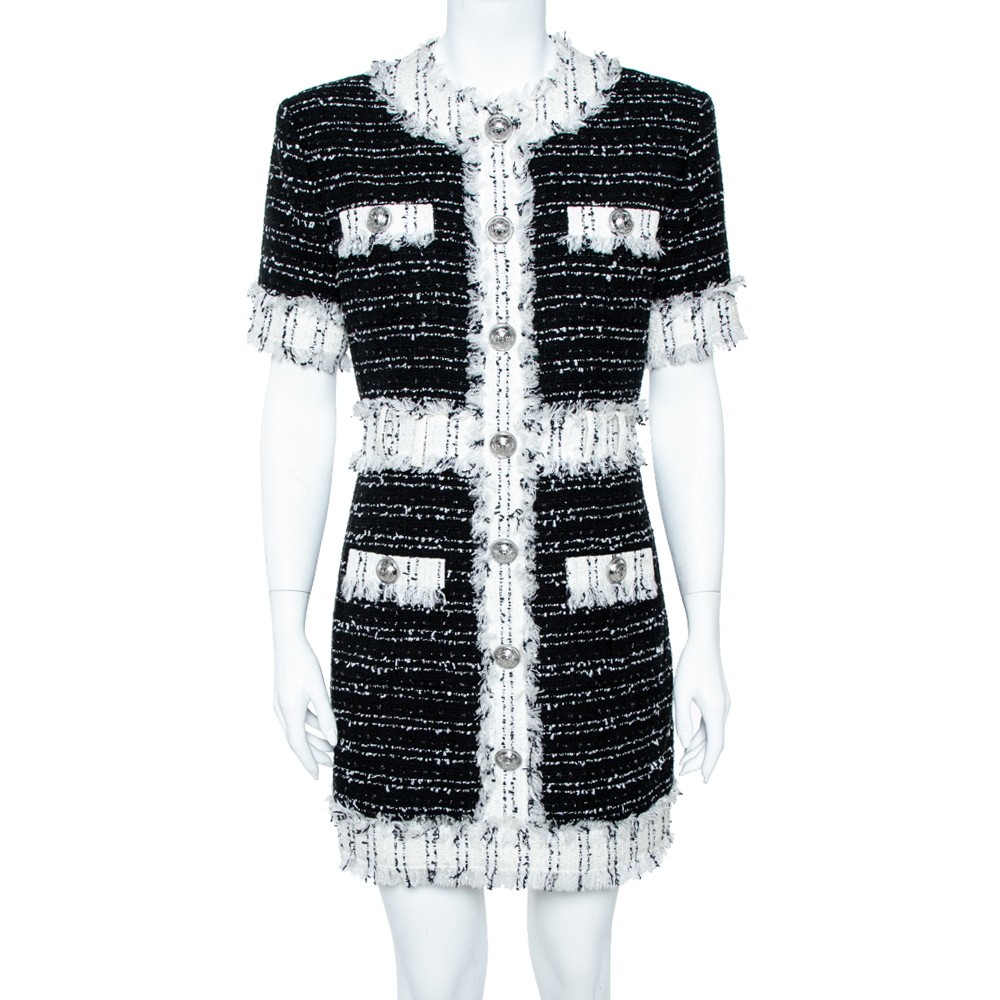 Image of Balmain Monochrome Cotton Blend Tweed Mini Dress L