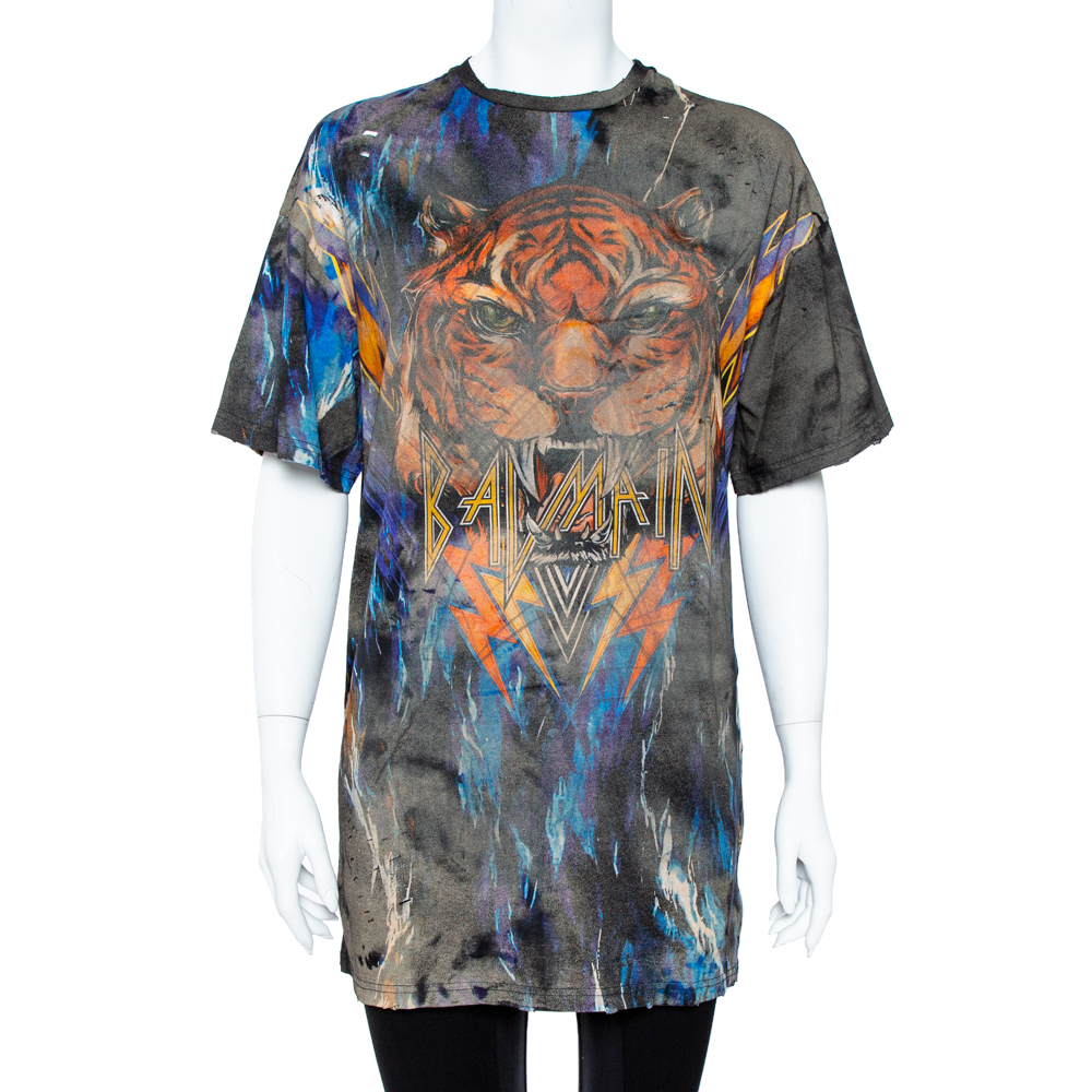 Image of Balmain Multicolor Cotton Faded Tiger Print Distressed Oversized T-Shirt M
