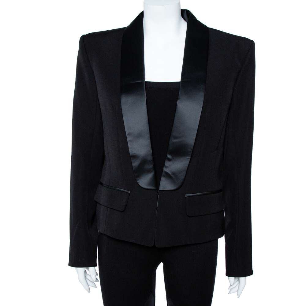 Image of Balmain Black Wool Satin Lapel Tailored Blazer XL