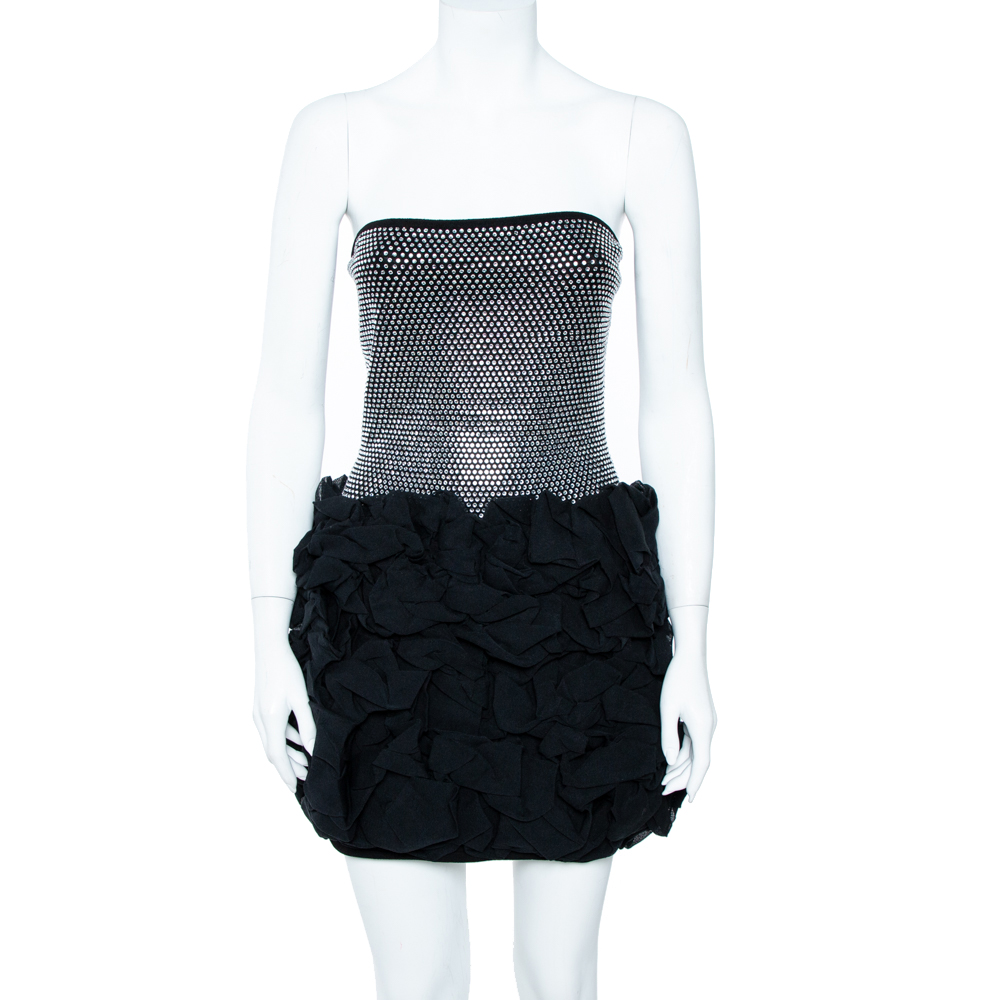 Image of Balmain Black Crystal Embellished Strapless Ruffle Mini Dress M