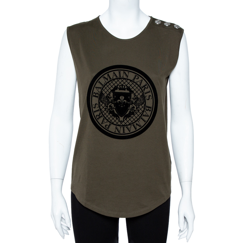 Image of Balmain Green Cotton Jersey Velvet Crest Print Tank Top S