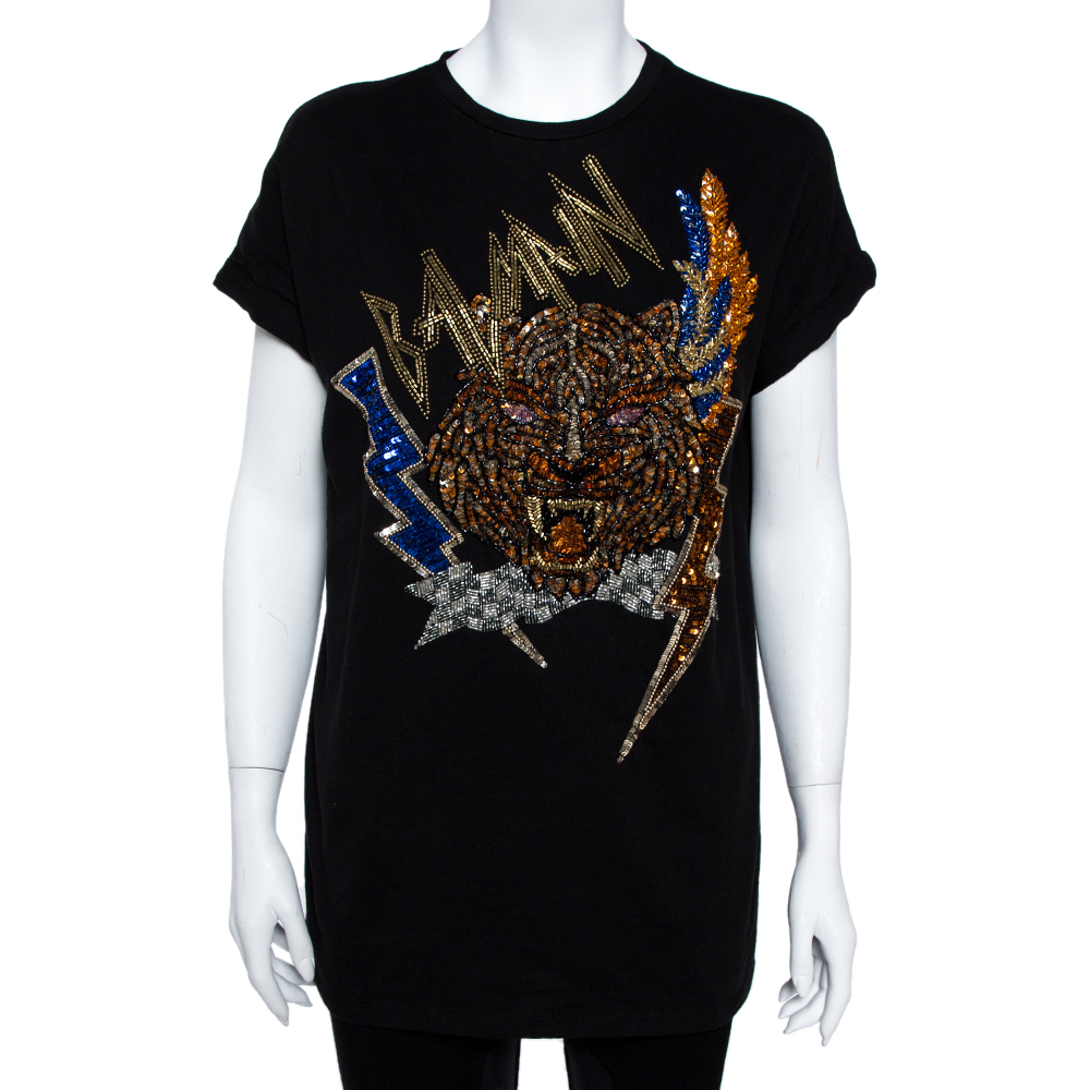 Image of Balmain Black Cotton Jersey Sequined Tiger Motif T-Shirt S