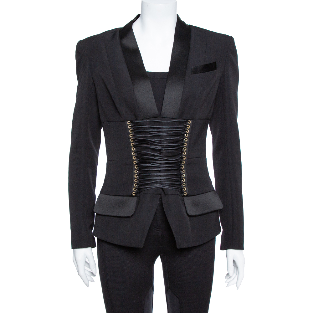 Image of Balmain Black Wool Corset Detail Blazer M